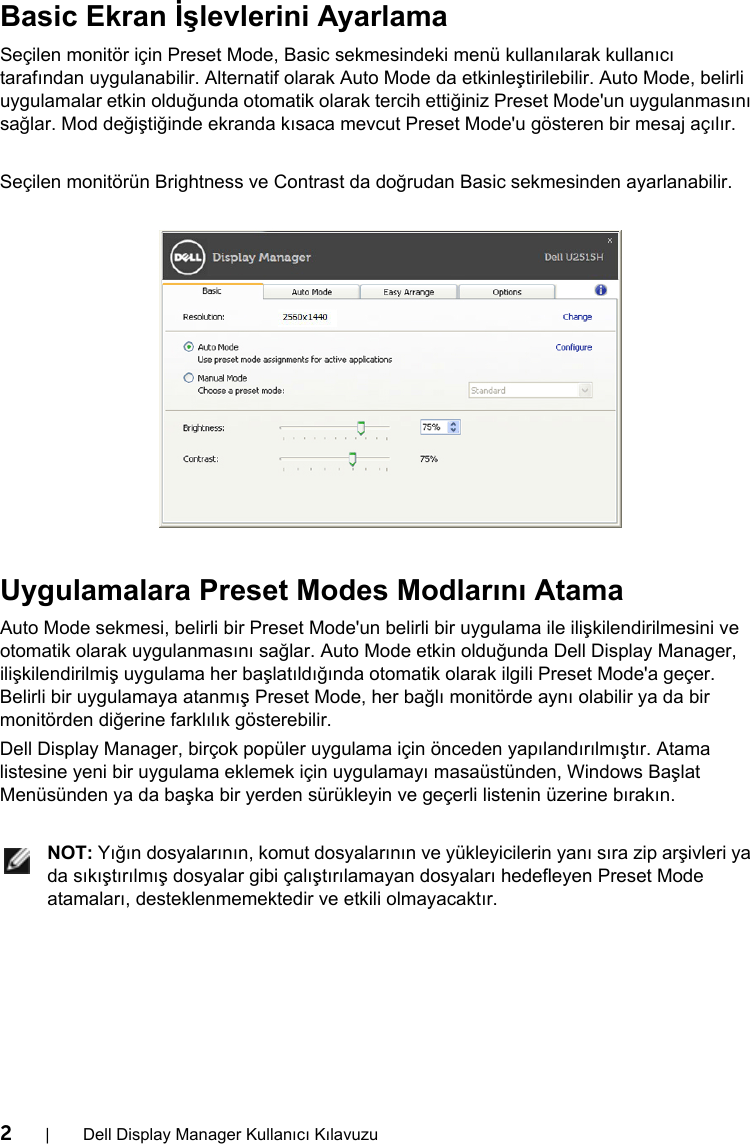 Page 2 of 4 - Dell Dell-u2515h-monitor Display Manager Kullanıcı Kılavuzu User Manual Ultra Sharp U2515H Monitor KullanÄ±cÄ± KÄ±lavuzu User's Guide2 Tr-tr