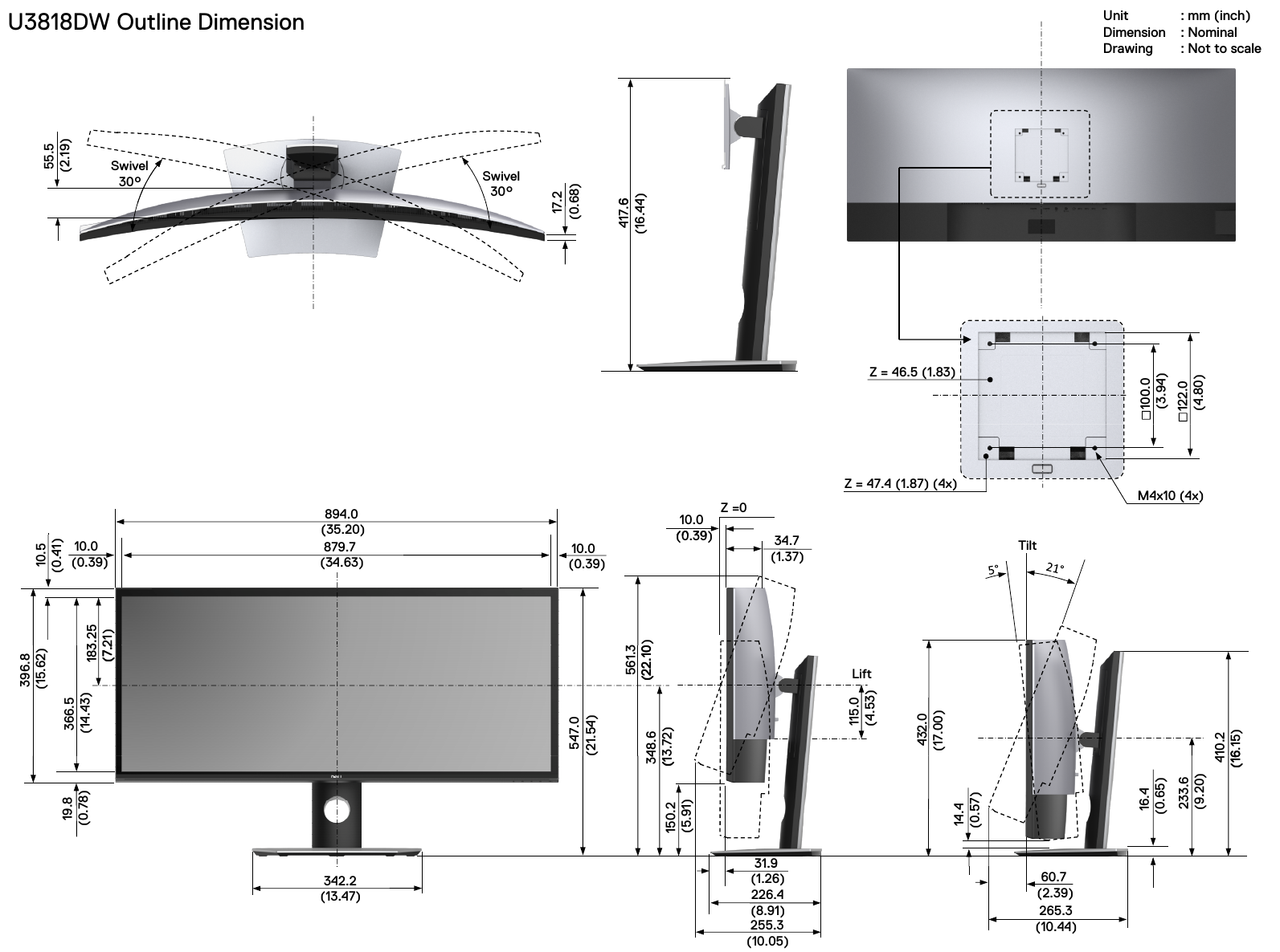 Page 1 of 1 - Dell Dell-u3818dw-monitor U3818DW - Outline Dimensions User Manual  Reference Guide En-us