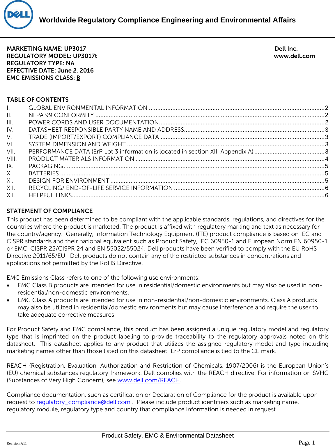 Page 1 of 6 - Dell Dell-up3017-monitor - Disp_u3017t User Manual  Regulatory And Environmental Datasheet Monitor Up3017,up3017t,n A,dell