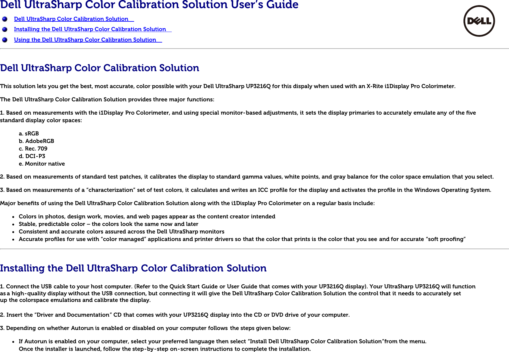 Page 1 of 2 - Dell Dell-up3216q-monitor UltraSharp Color Calibration Solution User’s Guide User Manual Ultra Sharp UP3216Q User‘s User's Guide3 En-us