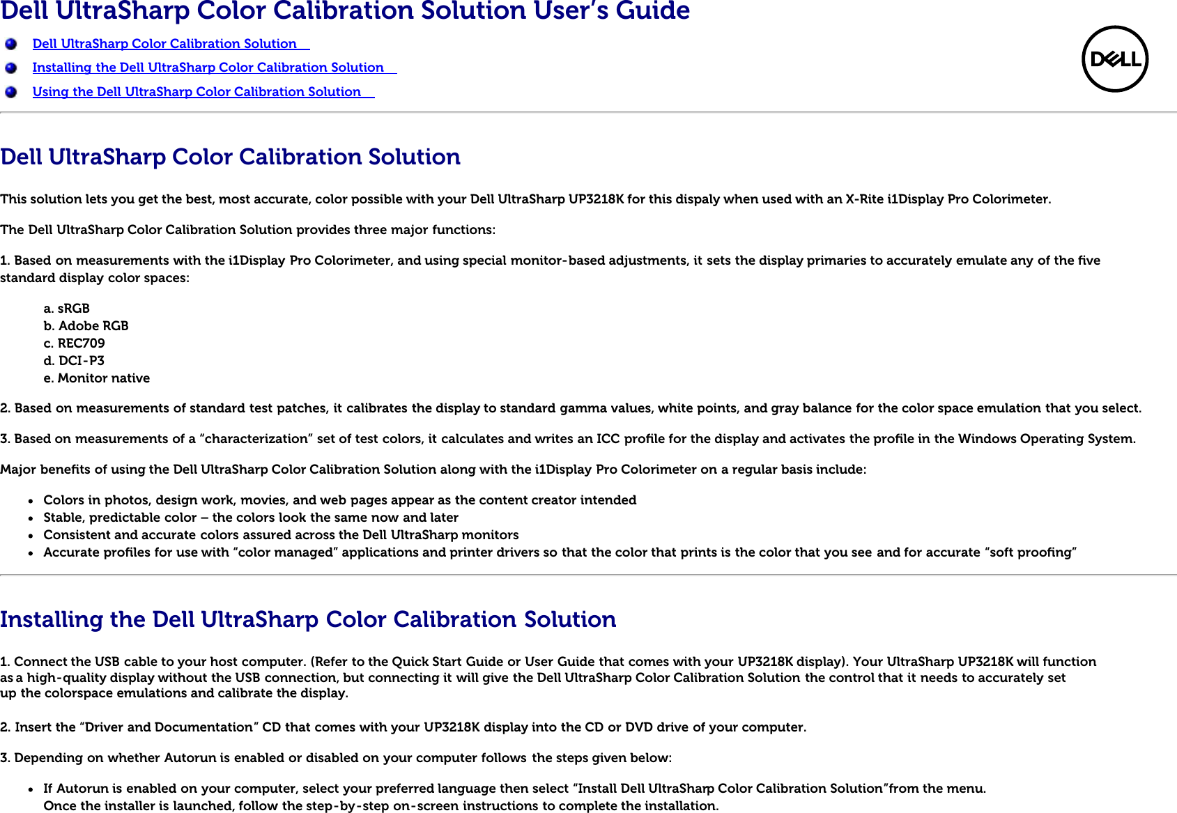Page 1 of 2 - Dell Dell-up3218k-monitor UltraSharp UP3218K Color Calibration Solution User’s Guide User Manual Ultra Sharp User's Guide3 En-us