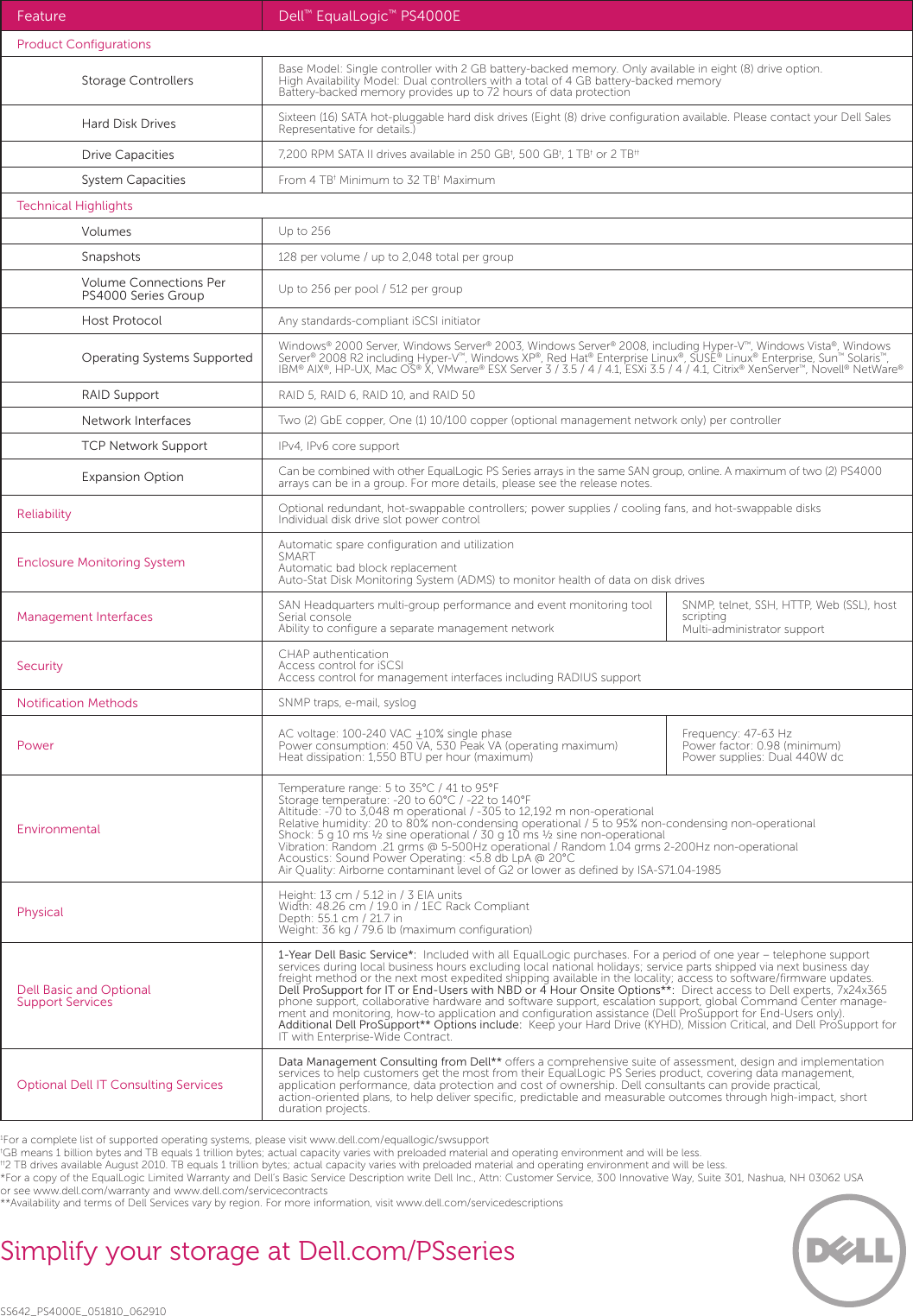 Dell If Not Then Equallogic Ps4000e Specsheet