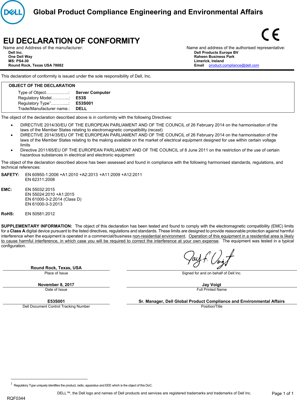 Dell Poweredge C4140 Ce E53s User Manual European Union Declaration Of 