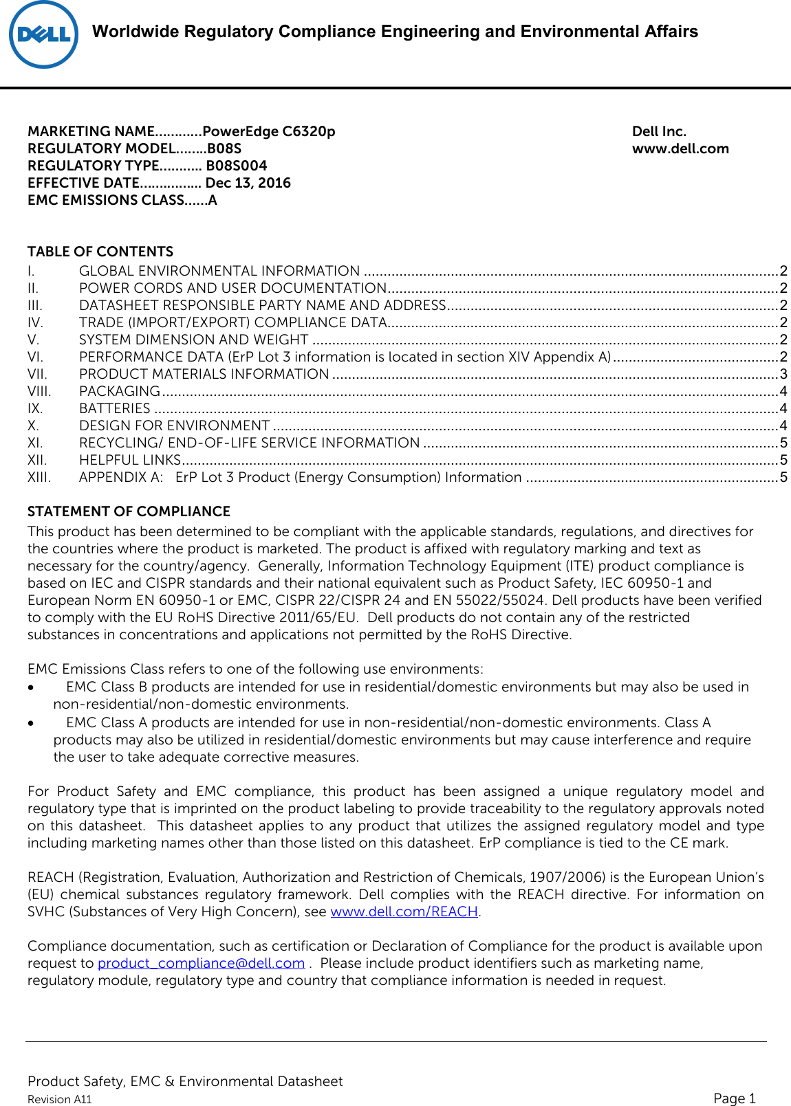 Page 1 of 6 - Dell Poweredge-c6320p - B08S004_ENV0023_ENV_Datasheet User Manual  Regulatory And Environmental Datasheet Poweredge C6320p,b08s,b08s004,dell