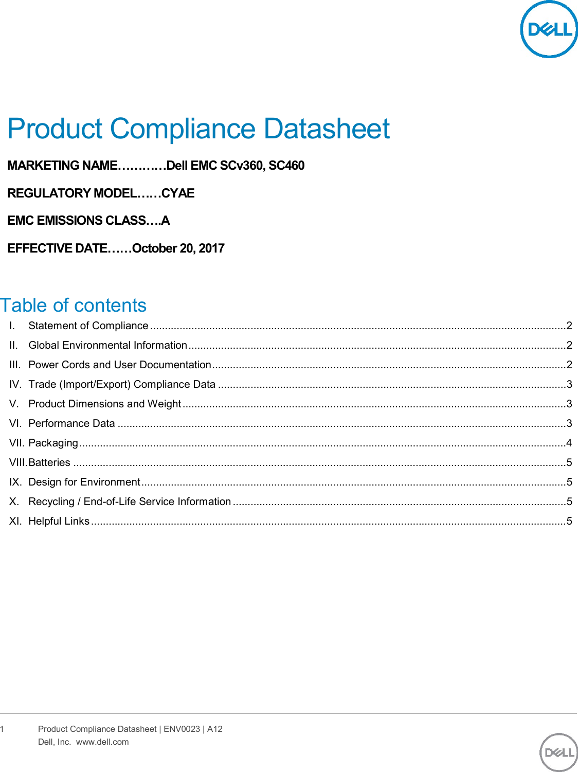 Page 1 of 6 - Dell Storage-sc460 - ENV0023_A12-00 Alter Ego Datasheet Oct2017 User Manual  Regulatory And Environmental Emc Storage Sc460,cyae,n A,dell