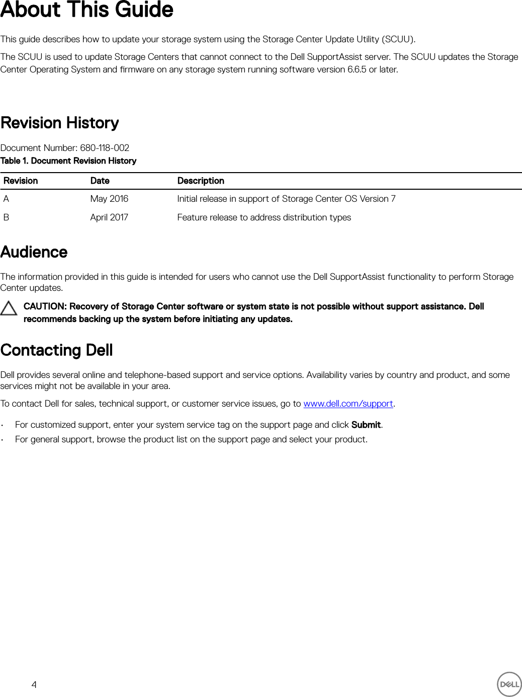 Page 4 of 8 - Dell Storage-sc5020 Storage Center Update Utility Administrator’s Guide User Manual  - Administrator Guide9 En-us