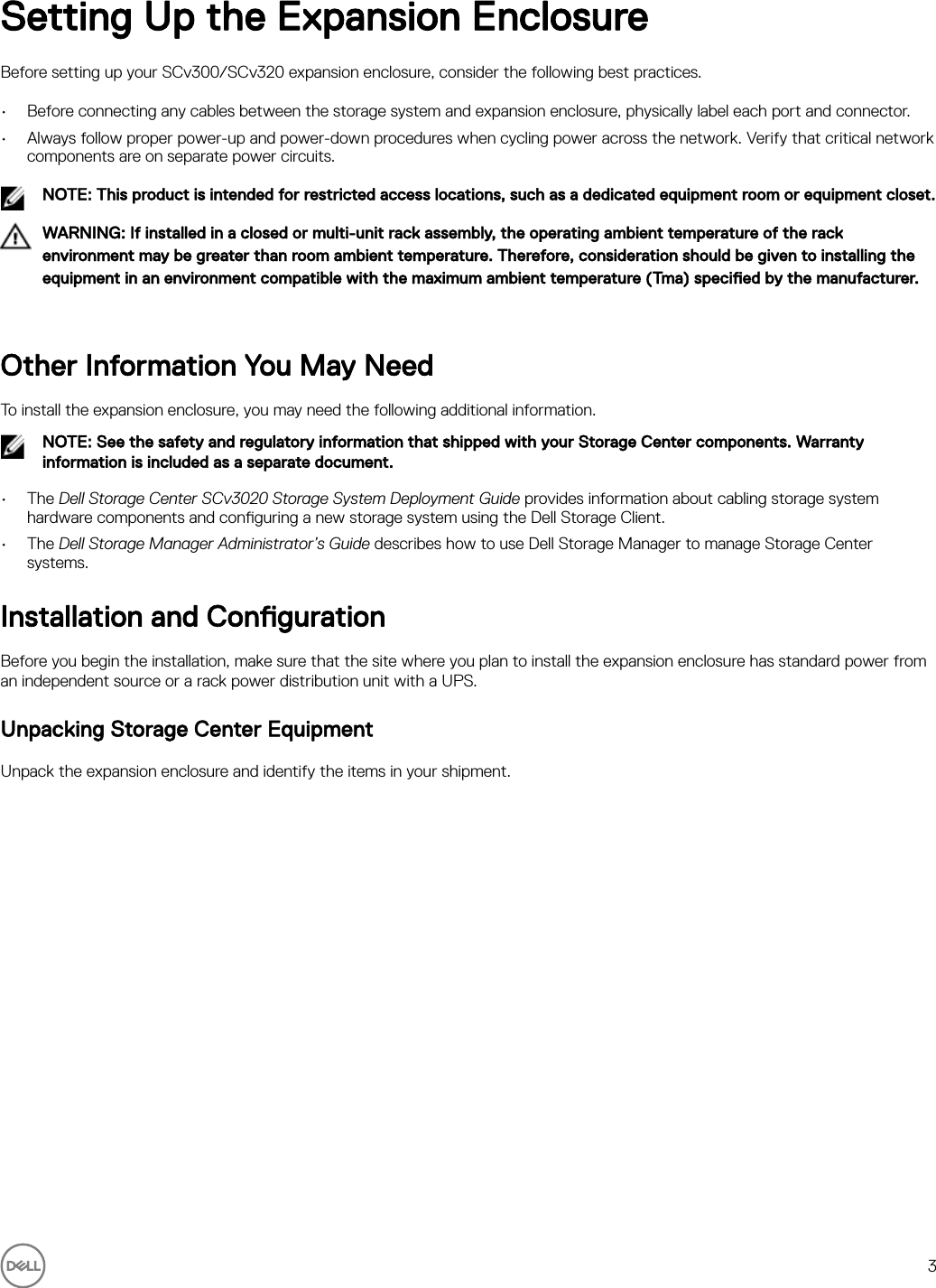 Page 3 of 8 - Dell Storage-scv300 Storage Center SCv300 And SCv320 Expansion Enclosure Getting Started Guide User Manual  - Setup En-us