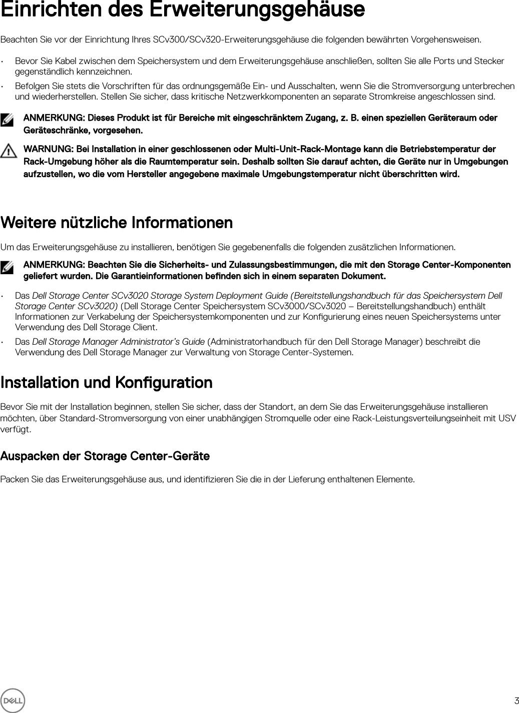 Page 3 of 7 - Dell Storage-scv300 Storage Center SCv300- Und SCv320-Erweiterungsgehäuse Handbuch Zum Einstieg User Manual Weitere Dokumente - SCv320-ErweiterungsgehÃ¤use Setup Guide De-de