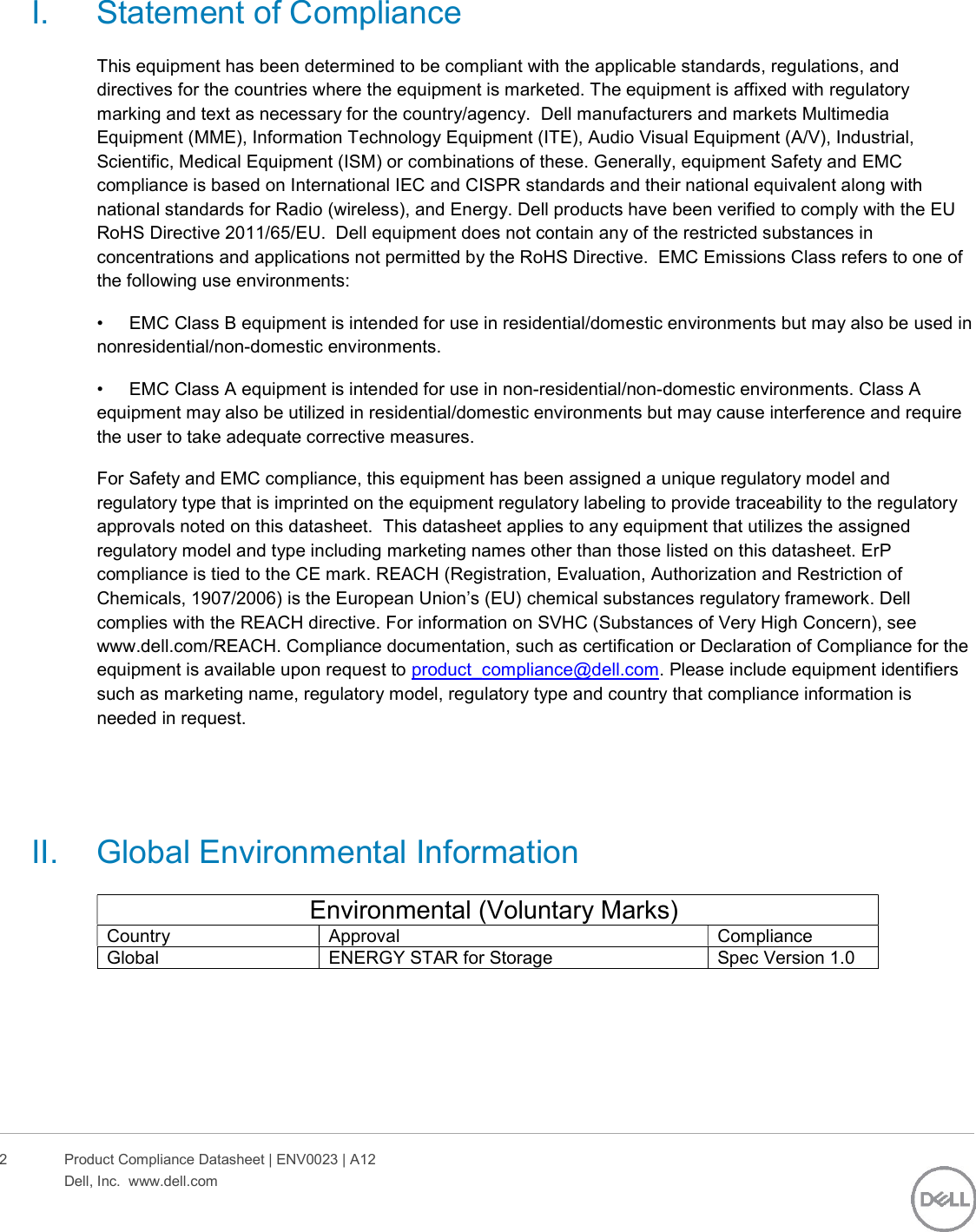 Page 2 of 6 - Dell Storage-scv3000 - ENV0023_A12 SCv3000_SCv3020 User Manual  Regulatory And Environmental Datasheet Emc Storage Scv3000,e03t,e03t001,dell