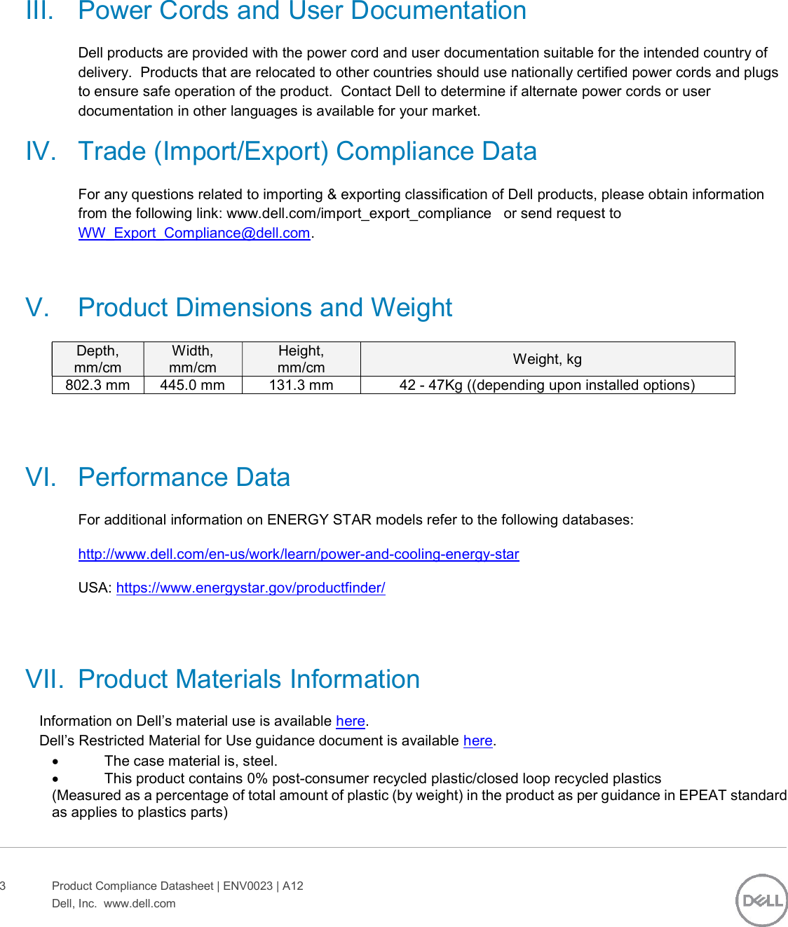 Page 3 of 6 - Dell Storage-scv3000 - ENV0023_A12 SCv3000_SCv3020 User Manual  Regulatory And Environmental Datasheet Emc Storage Scv3000,e03t,e03t001,dell