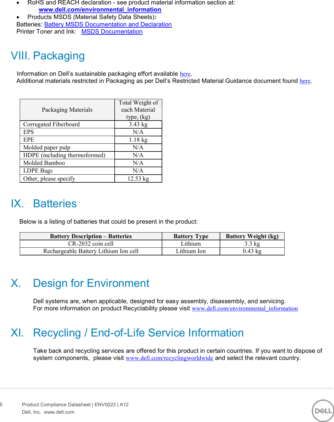 Page 5 of 6 - Dell Storage-scv3000 - ENV0023_A12 SCv3000_SCv3020 User Manual  Regulatory And Environmental Datasheet Emc Storage Scv3000,e03t,e03t001,dell