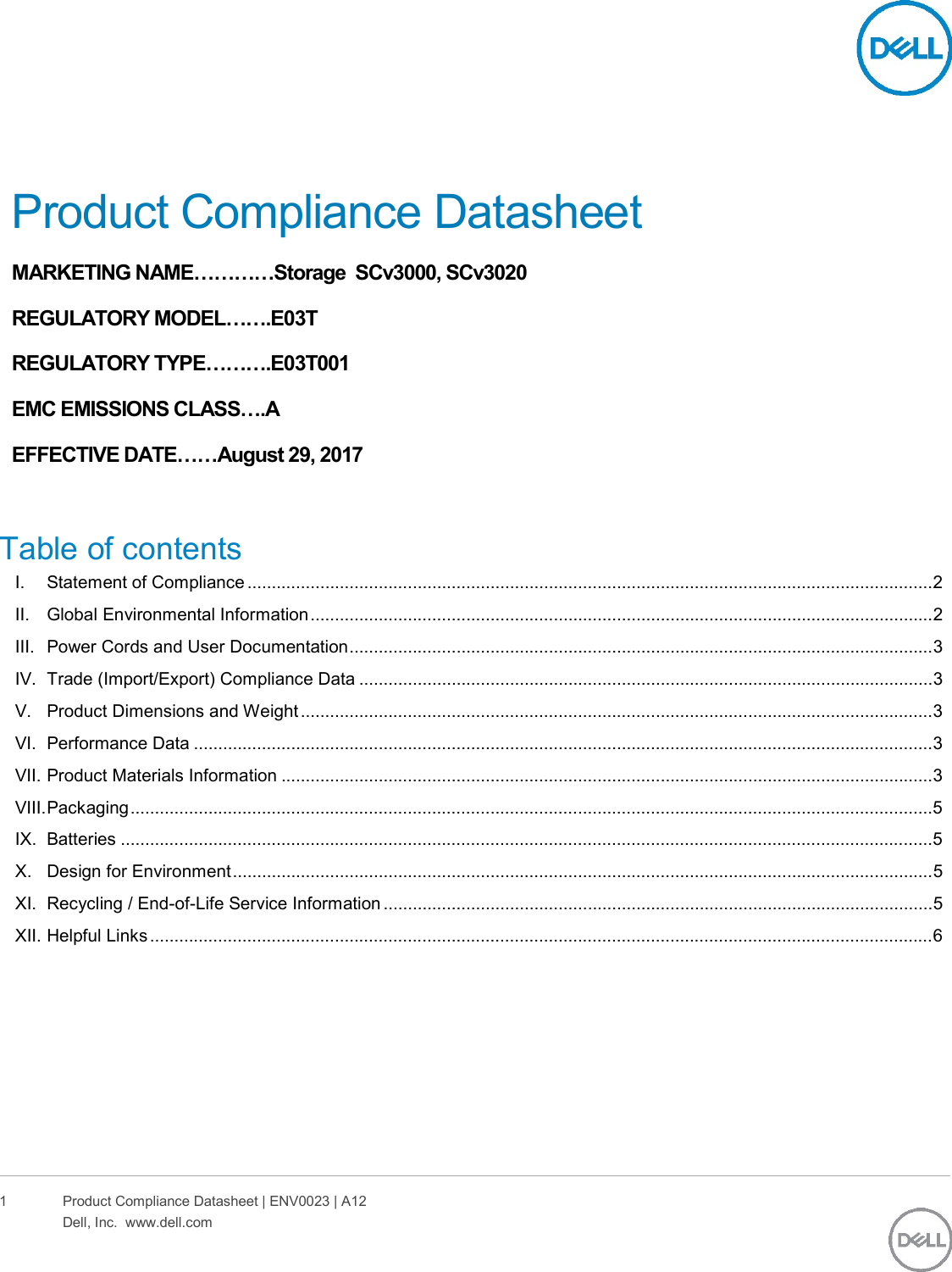 Page 1 of 6 - Dell Storage-scv3020 - SCv3000_SCv3020 Harpoon Update Format Aug 2017 Rev A User Manual Regulatory And Environmental Datasheet Emc Storage Scv3020,e03t,e03t001,dell