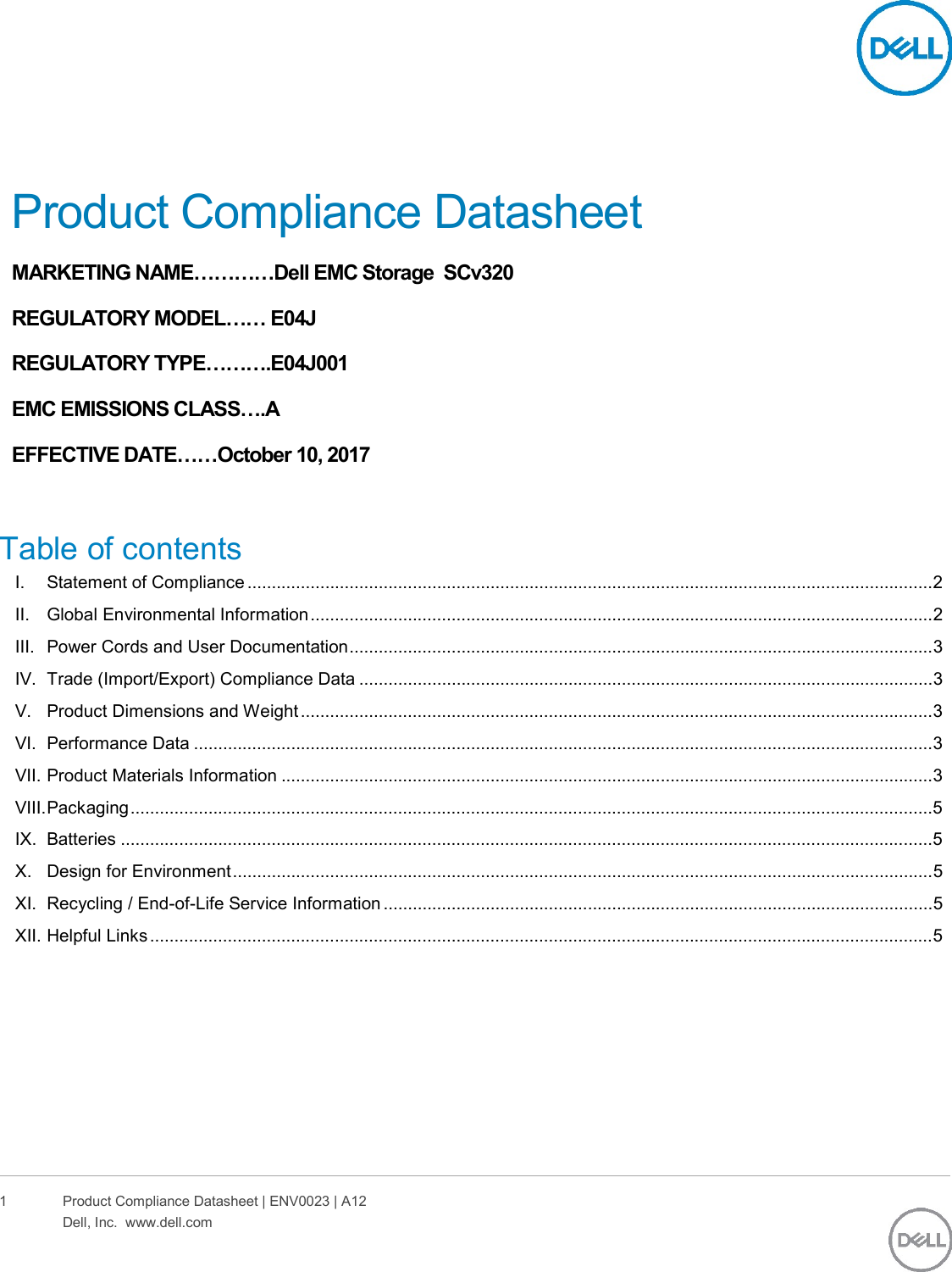 Page 1 of 6 - Dell Storage-scv320 - SC320 E04J New Format Oct 2017 Rev A User Manual  Regulatory And Environmental Datasheet Emc Storage Scv320,e04j,e04j001,dell