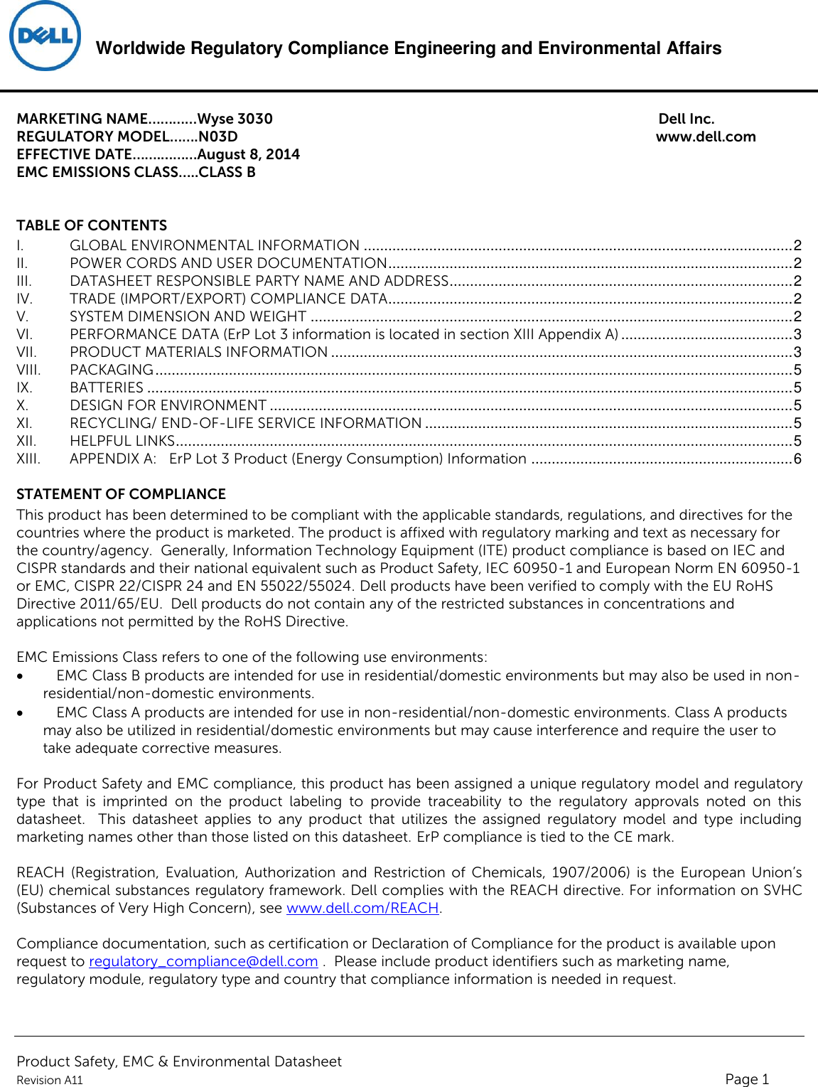 Page 1 of 6 - Dell Wyse-3030 Product Safety, EMC And Environmental Datasheet User Manual  - Regulatory Wyse 3030 Thin Client,n03d,n03d001,dell