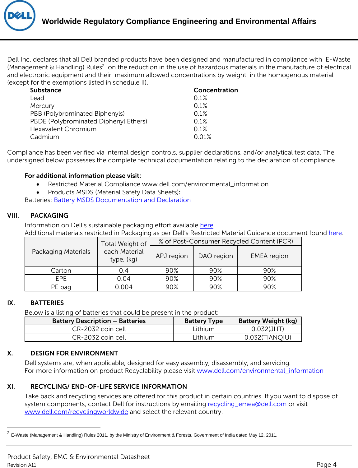 Page 4 of 6 - Dell Wyse-3040-thin-client - ENV0023_ENV_Datasheet_N10D User Manual  Regulatory And Environmental Datasheet Wyse 3040,n10d,n10d001,dell