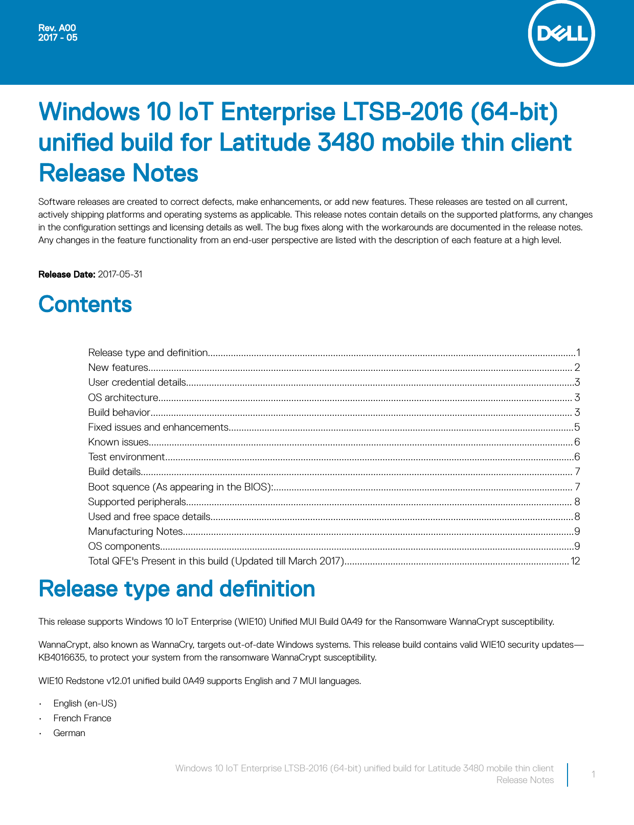 Page 1 of 12 - Dell Wyse-3480-mobile-thin-client Windows 10 IoT Enterprise LTSB-2016 (64-bit) Unified Build For Latitude 3480 Mobile Thin Client Release Notes User Manual  - Io T N Notes2 En-us