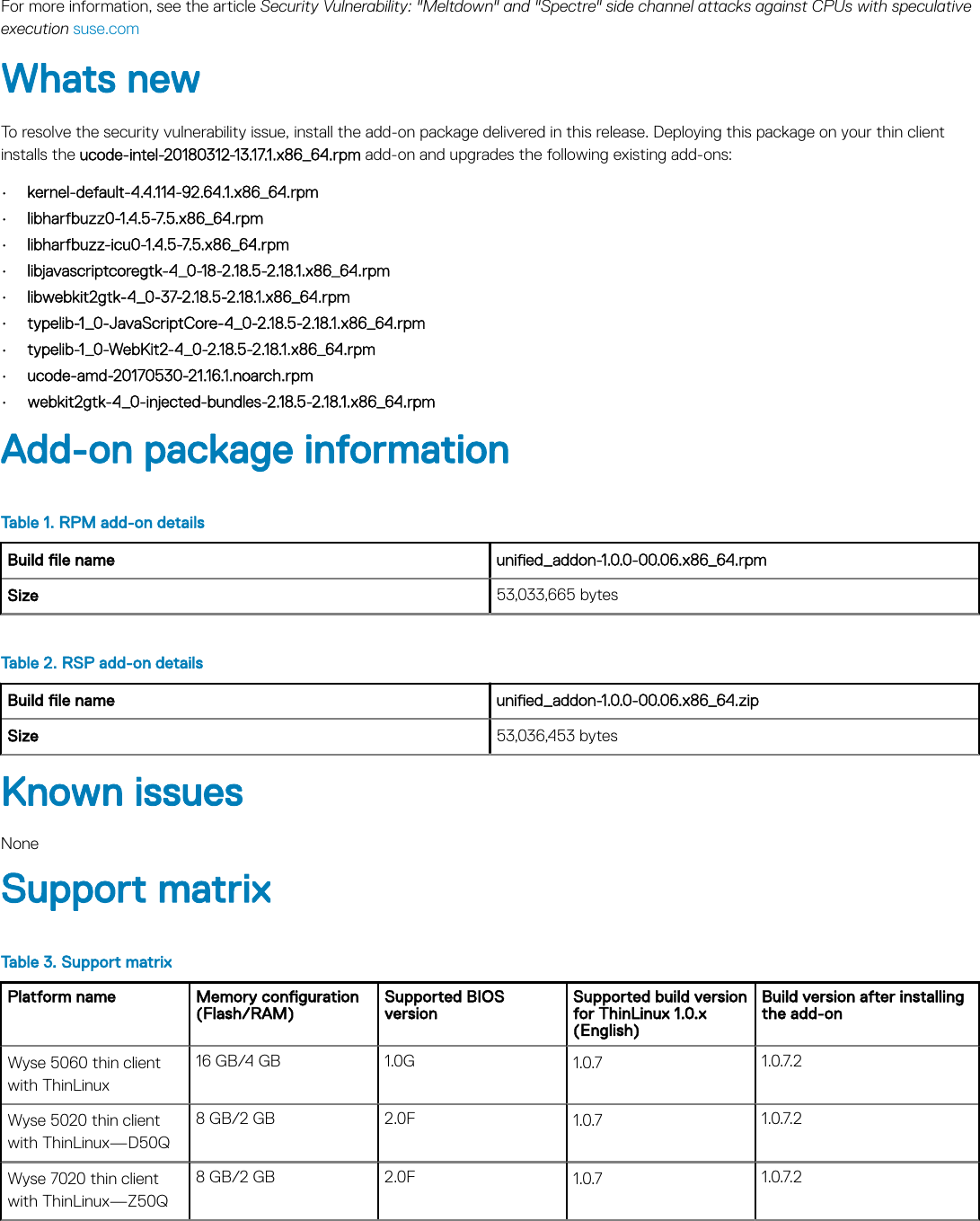Page 2 of 5 - Dell Wyse-5060-thin-client Security Update Add-on For Meltdown And Spectre Vulnerabilities ThinLinux 1.0.7 1.0.7.1 Release Notes User Manual  - Thin Linux Release-notes13 En-us