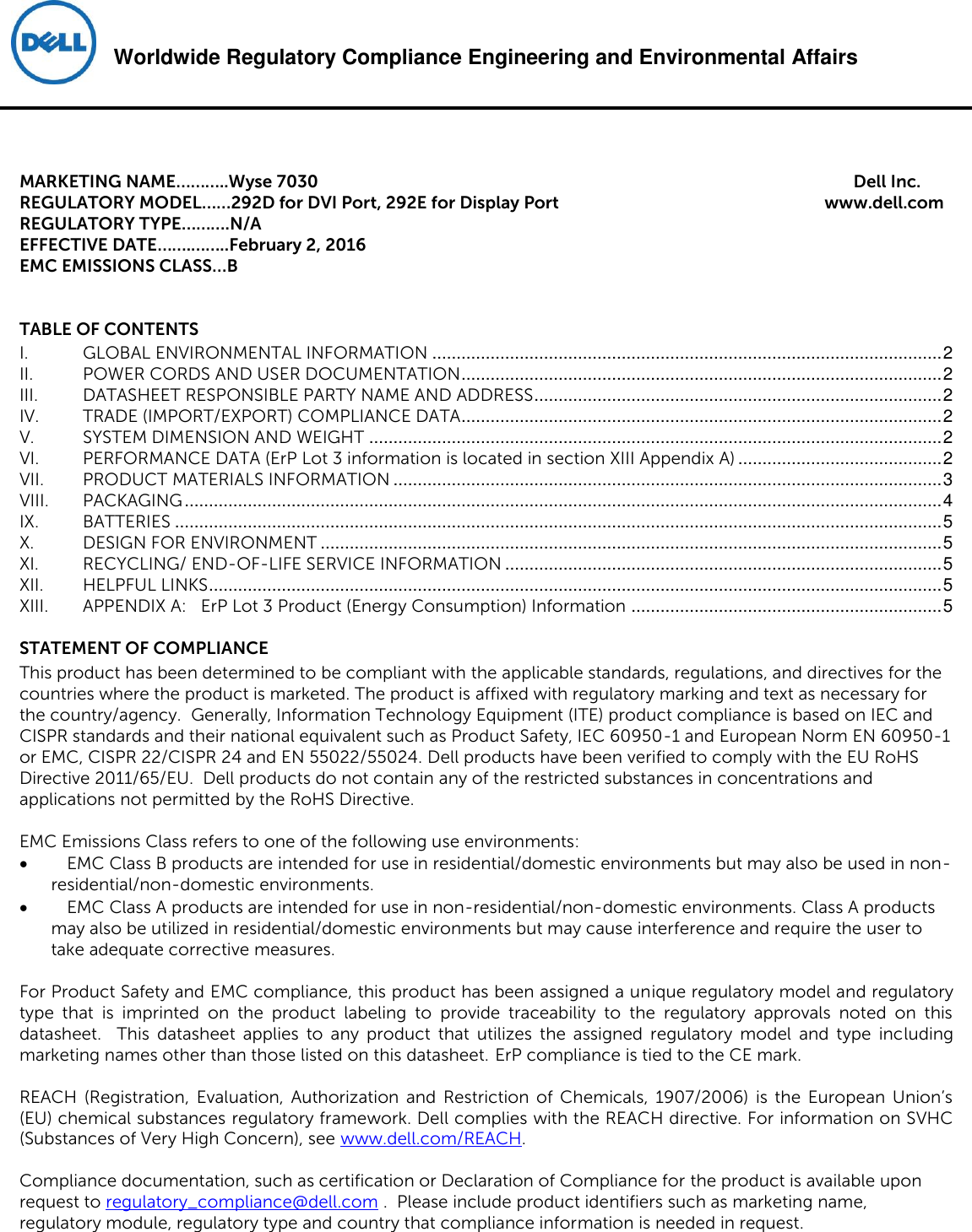 Page 1 of 6 - Dell Wyse-7030-zero-client Product Safety, EMC And Environmental Datasheet User Manual  - Regulatory Wyse 7030,292d, 292e,n A,dell