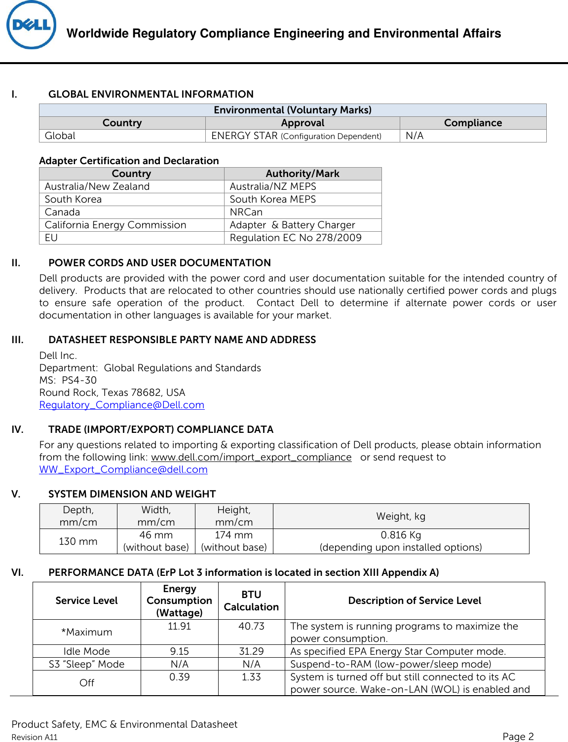 Page 2 of 6 - Dell Wyse-7030-zero-client Product Safety, EMC And Environmental Datasheet User Manual  - Regulatory Wyse 7030,292d, 292e,n A,dell