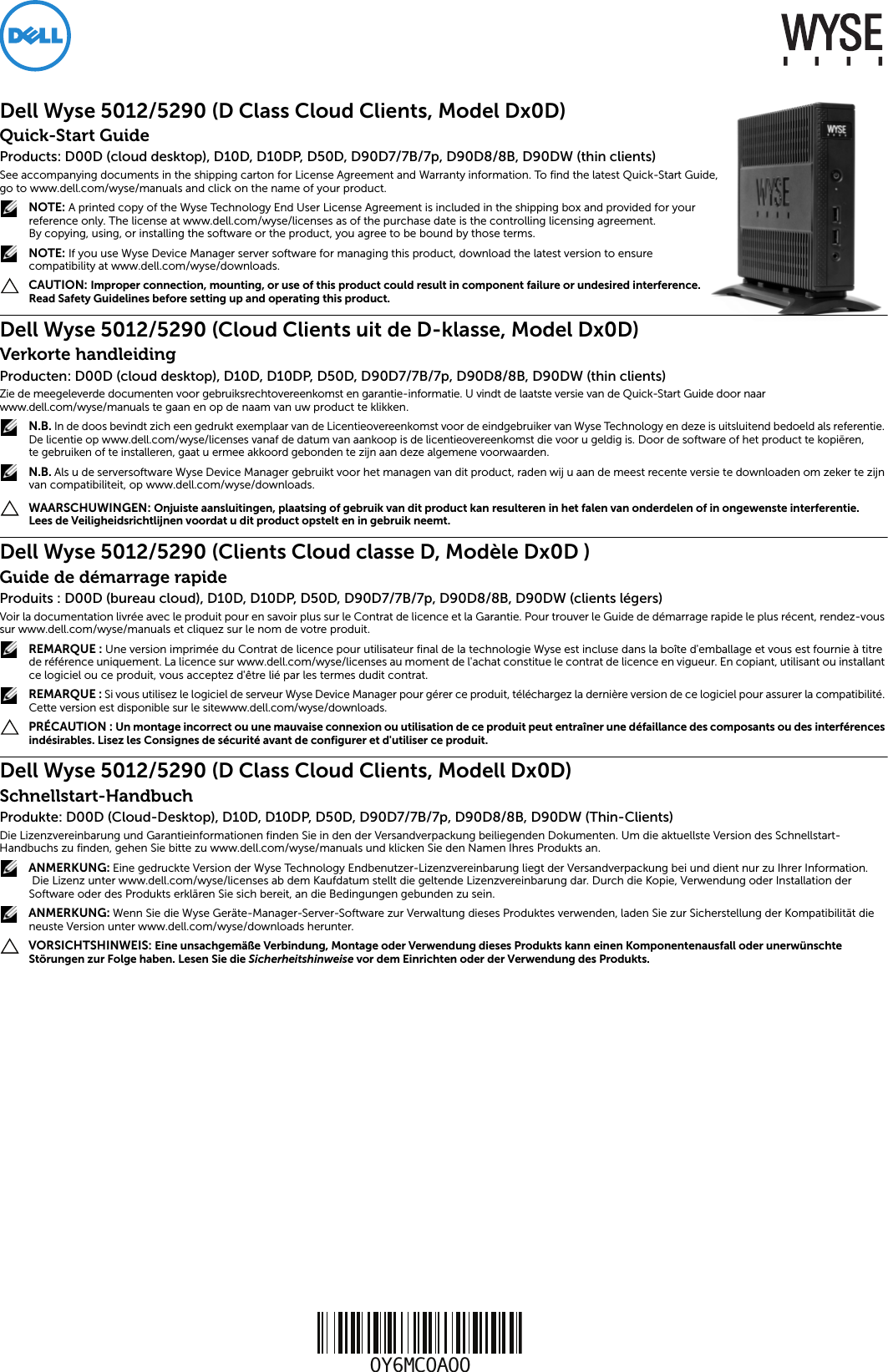 Page 1 of 6 - Dell Wyse-d00dx Wyse 5012/5290 (D Class Cloud Clients, L Dx0D) Schnellstart-Handbuch User Manual Weitere Dokumente - 5012 5290 Qsg De-de