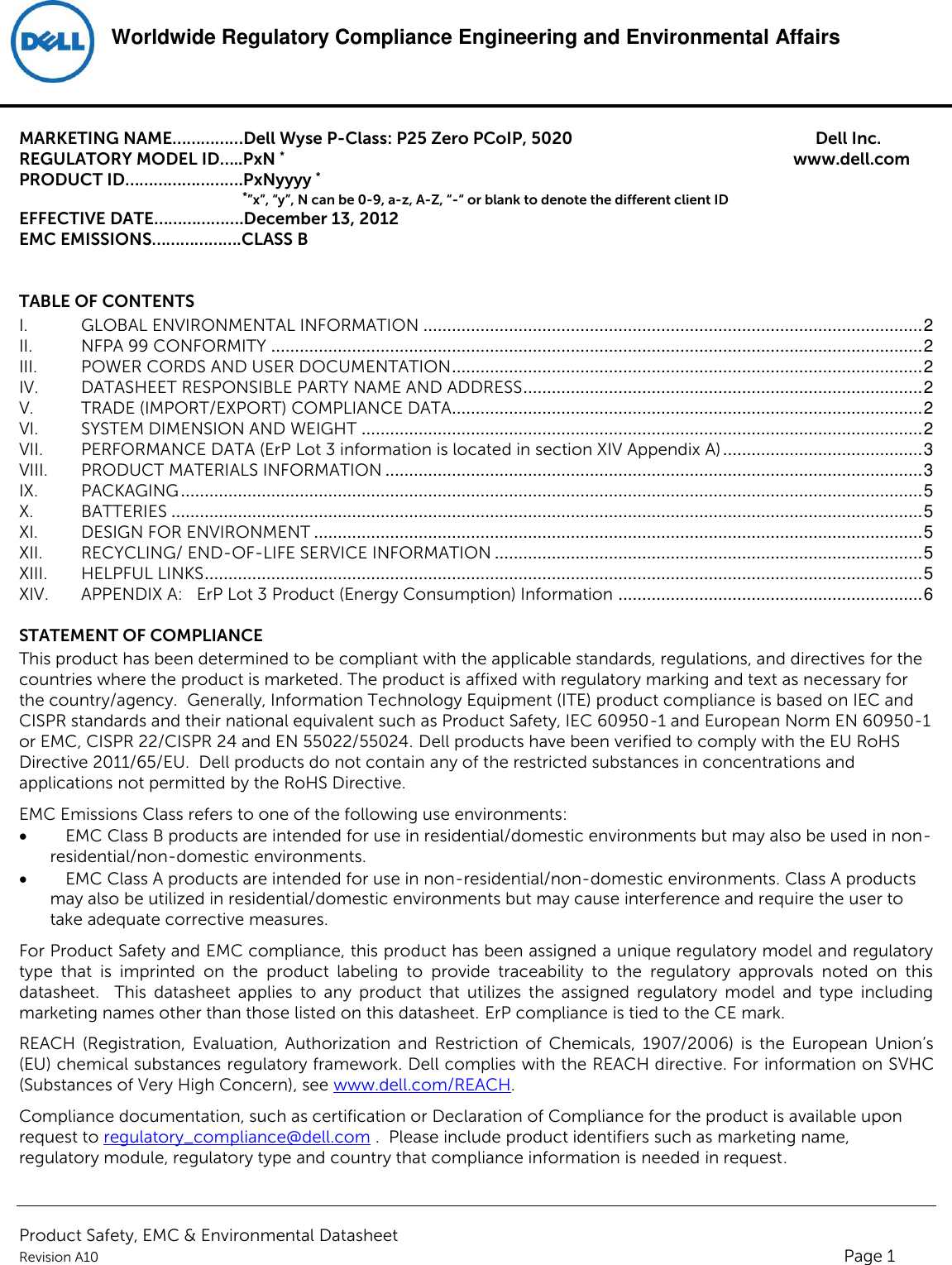 Page 1 of 6 - Dell Wyse-p25 Product Safety, EMC And Environmental Datasheet User Manual  - Regulatory Wyse 5030 Pcoip Zero Client,pxnyyyy,n A,dell