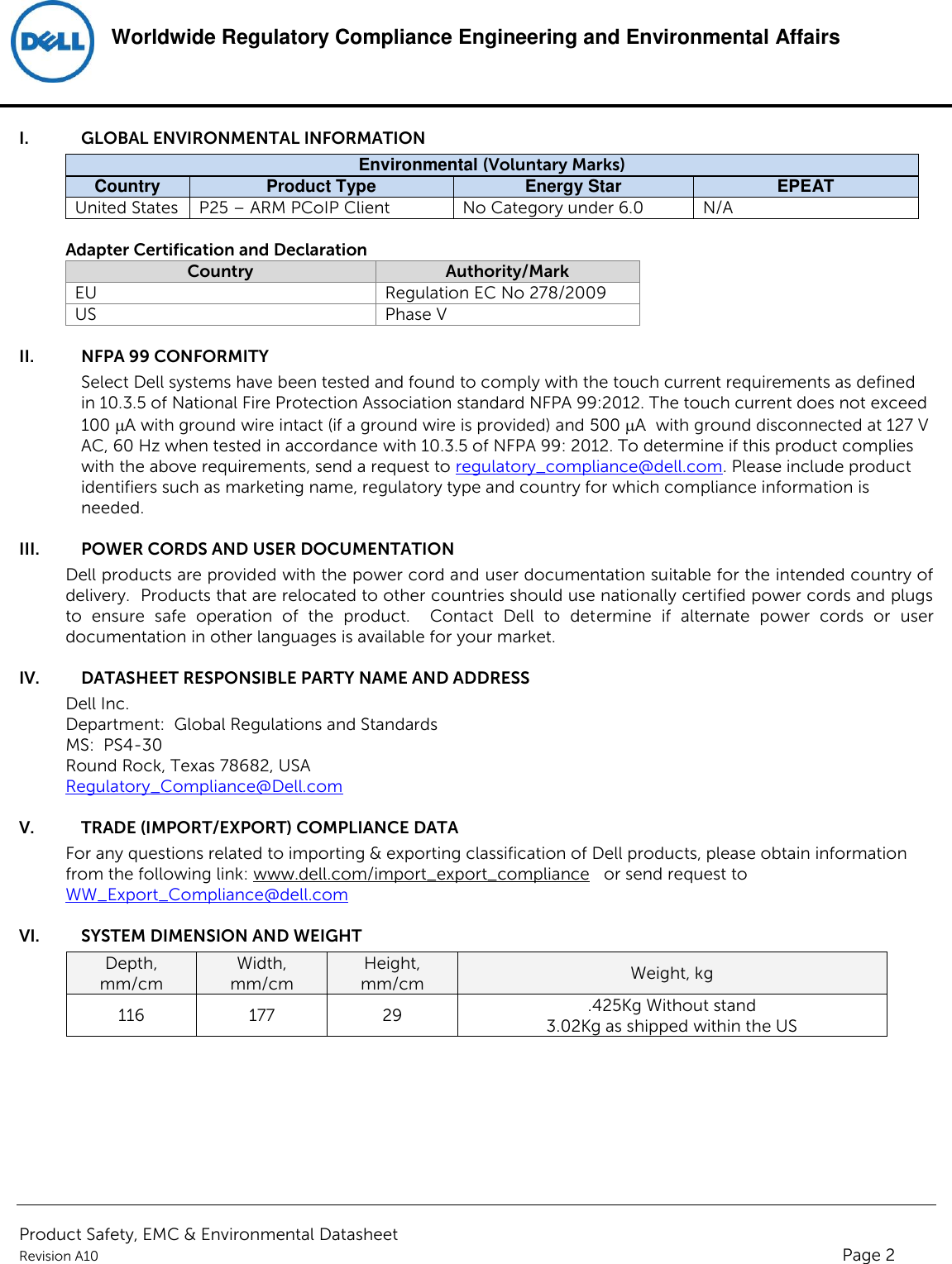 Page 2 of 6 - Dell Wyse-p25 Product Safety, EMC And Environmental Datasheet User Manual  - Regulatory Wyse 5030 Pcoip Zero Client,pxnyyyy,n A,dell