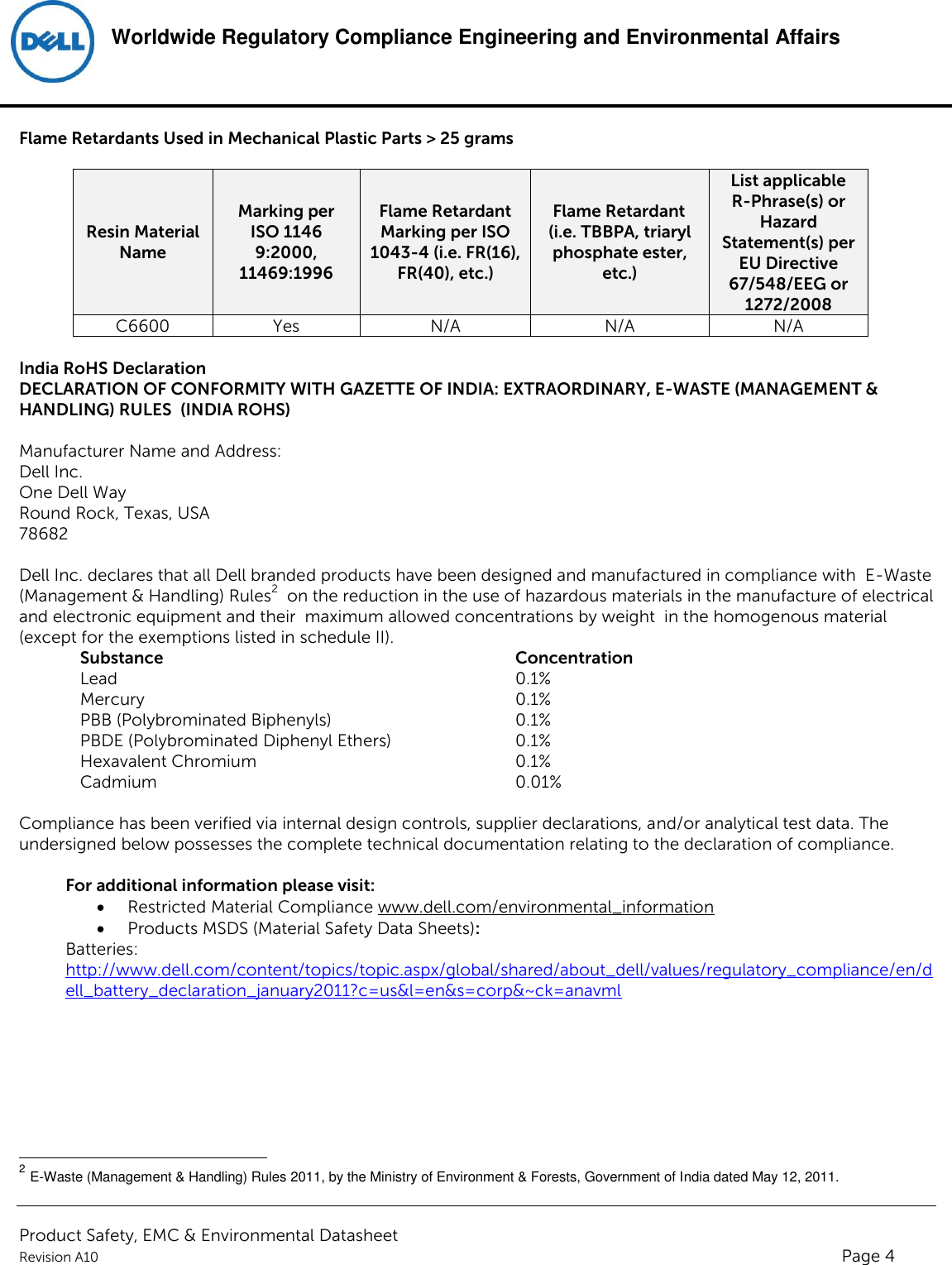 Page 4 of 6 - Dell Wyse-p25 Product Safety, EMC And Environmental Datasheet User Manual  - Regulatory Wyse 5030 Pcoip Zero Client,pxnyyyy,n A,dell