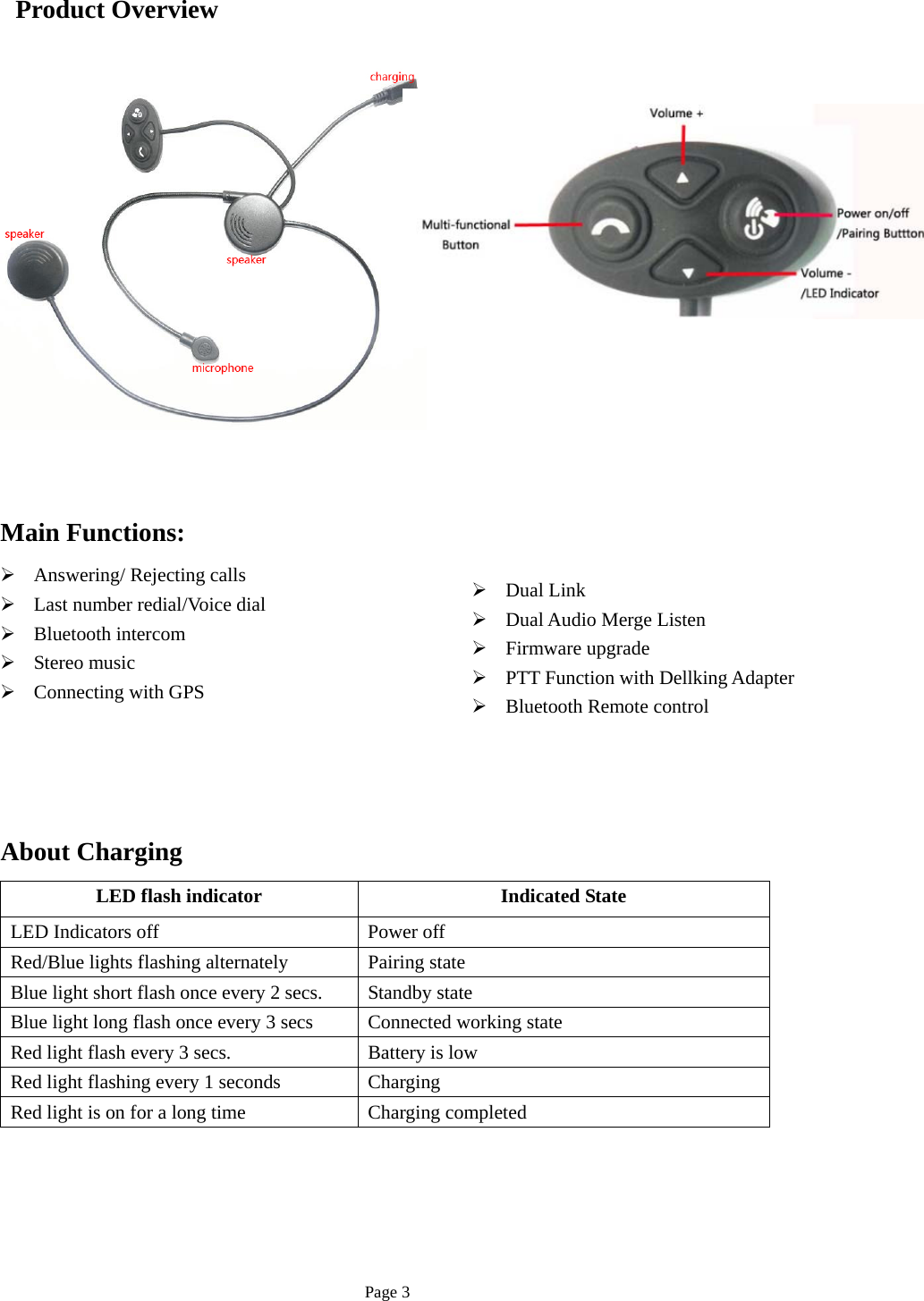 Page 3 Product Overview Main Functions: Answering/ Rejecting callsLast number redial/Voice dialBluetooth intercomStereo musicConnecting with GPSAbout Charging  LED flash indicator  Indicated State LED Indicators off  Power off Red/Blue lights flashing alternately  Pairing state Blue light short flash once every 2 secs.  Standby state Blue light long flash once every 3 secs  Connected working state Red light flash every 3 secs.  Battery is low Red light flashing every 1 seconds  Charging Red light is on for a long time  Charging completed Dual LinkDual Audio Merge ListenFirmware upgradePTT Function with Dellking AdapterBluetooth Remote control