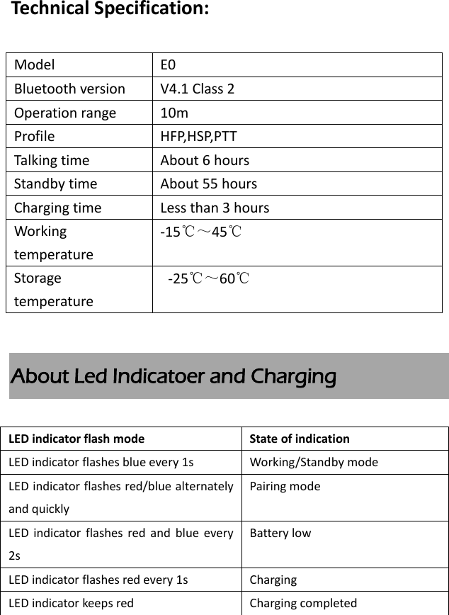 Technical Specification:               About Led Indicatoer and Charging             Model E0 Bluetooth version V4.1 Class 2 Operation range 10m Profile HFP,HSP,PTT Talking time About 6 hours Standby time About 55 hours Charging time Less than 3 hours Working temperature -15℃～45℃ Storage temperature   -25℃～60℃ LED indicator flash mode State of indication LED indicator flashes blue every 1s Working/Standby mode LED indicator flashes red/blue alternately and quickly Pairing mode LED  indicator  flashes  red  and  blue  every 2s Battery low LED indicator flashes red every 1s Charging   LED indicator keeps red   Charging completed 