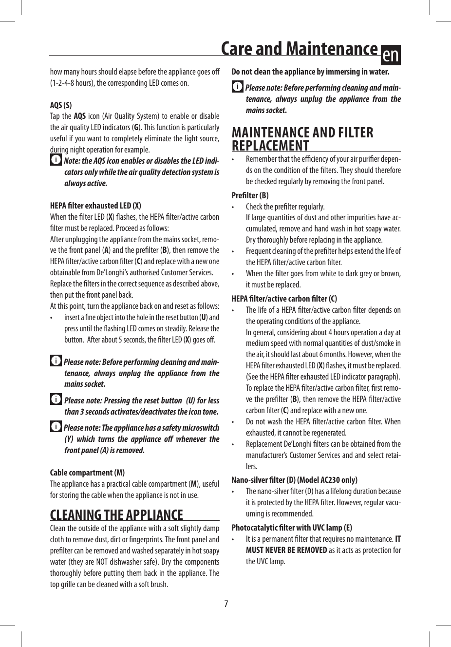 Delonghi Ac 150 Instruction Manual
