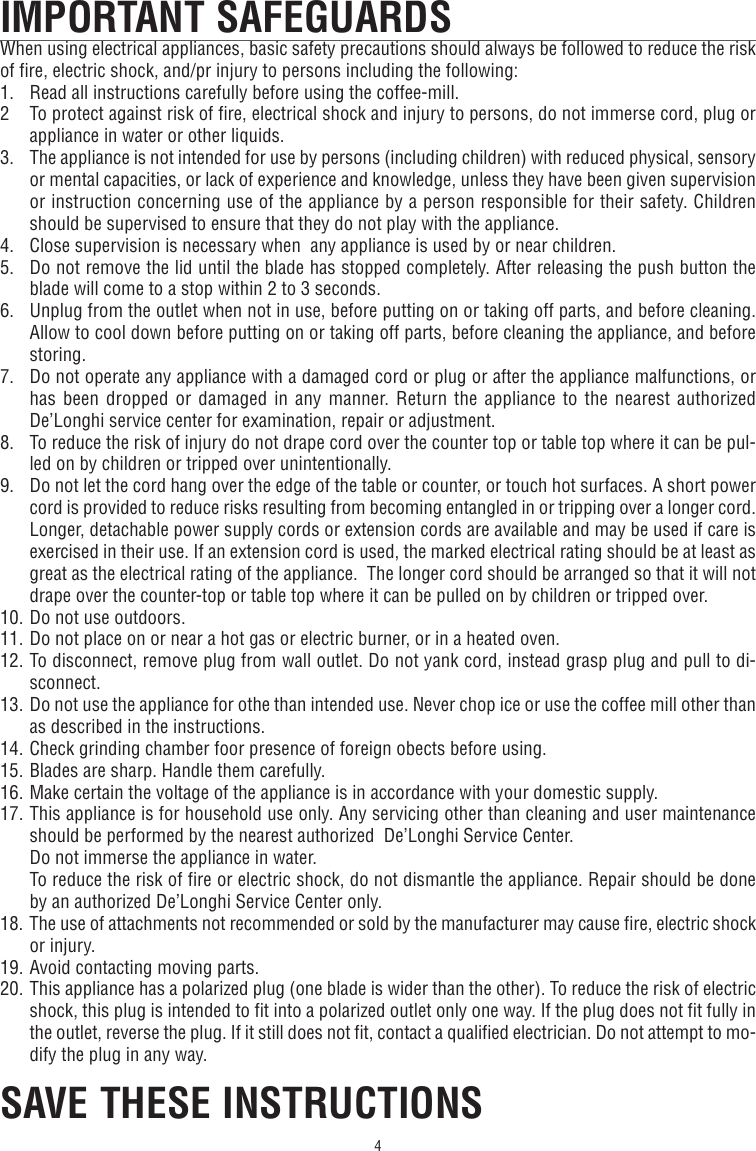 Delonghi Coffee Grinder Kg49 Instruction Manual GB 1771007IDL