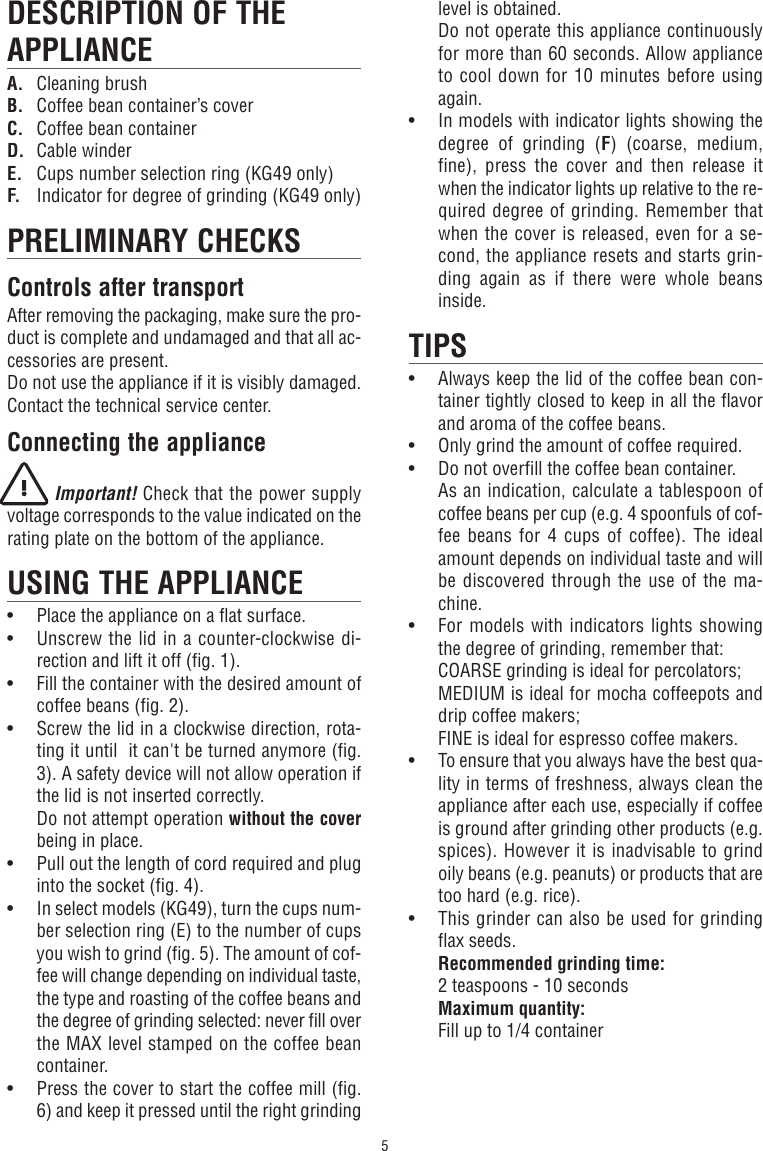 Delonghi Coffee Grinder Kg49 Instruction Manual GB 1771007IDL