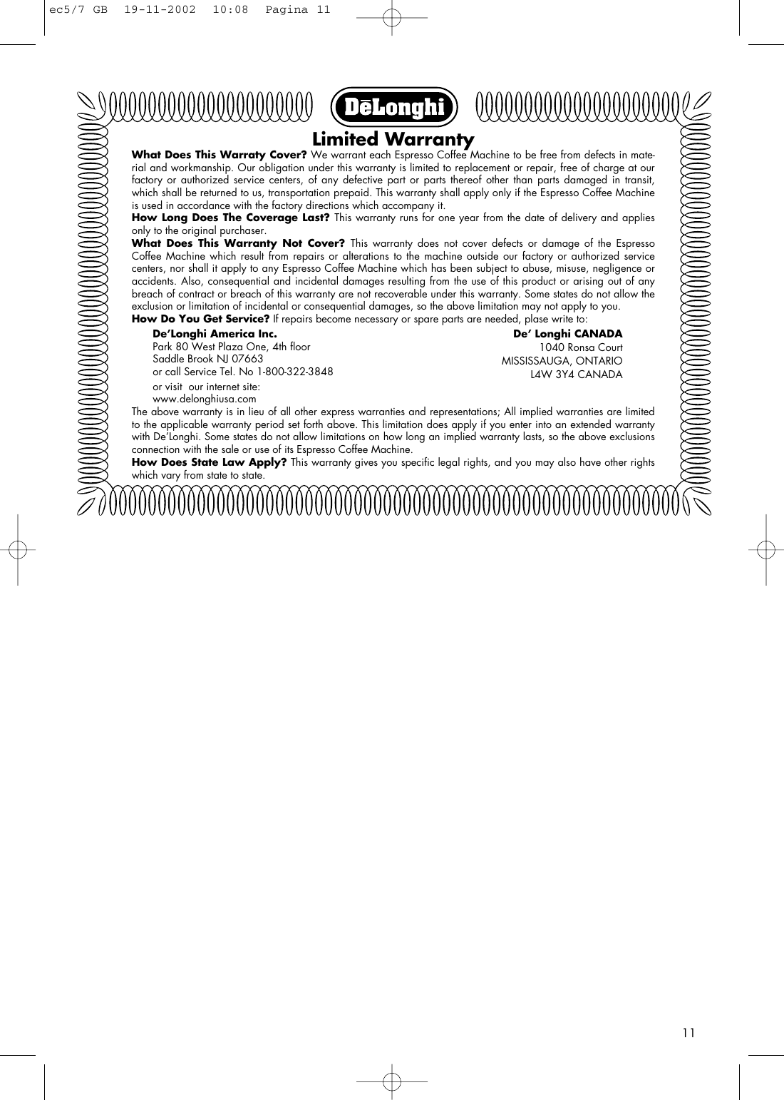 Page 11 of 11 - Delonghi Delonghi-Coffee-Maker-Ec5-Users-Manual- Ec5/7  Delonghi-coffee-maker-ec5-users-manual