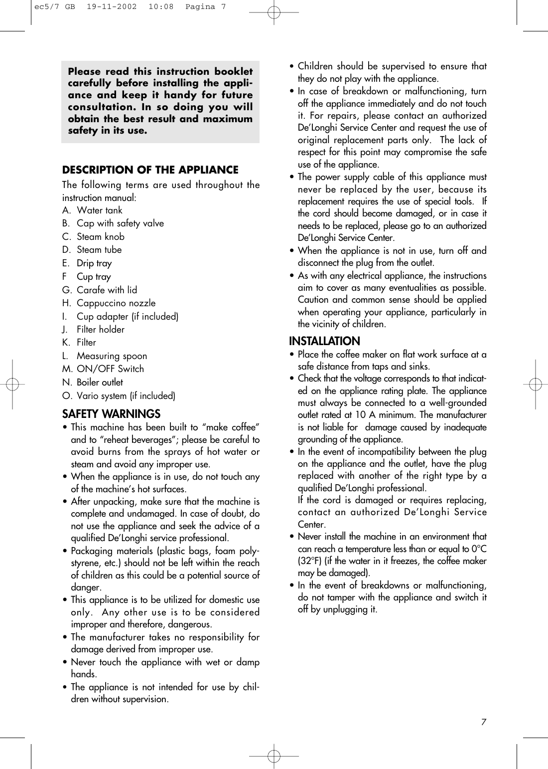 Page 7 of 11 - Delonghi Delonghi-Coffee-Maker-Ec5-Users-Manual- Ec5/7  Delonghi-coffee-maker-ec5-users-manual