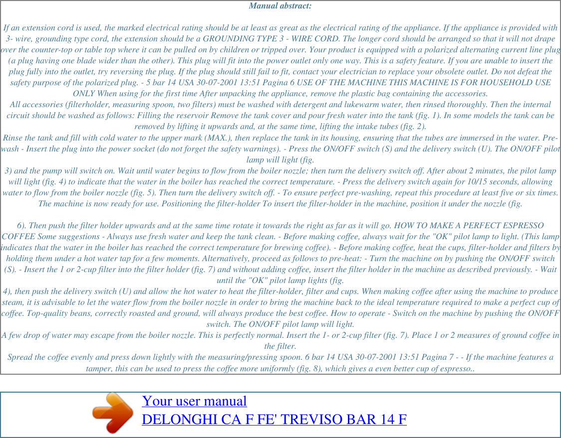 Page 2 of 2 - Delonghi Delonghi-Coffeemaker-14-F-Users-Manual- User Manual CA F FE' TREVISO BAR 14  Delonghi-coffeemaker-14-f-users-manual