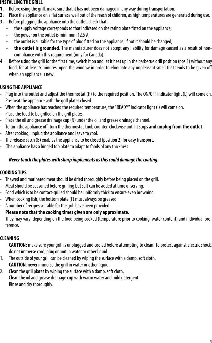Page 5 of 7 - Delonghi Delonghi-Contact-Grill-And-Panini-Press-Cgh800-Instruction-Manual- EN-1791008IDL  Delonghi-contact-grill-and-panini-press-cgh800-instruction-manual