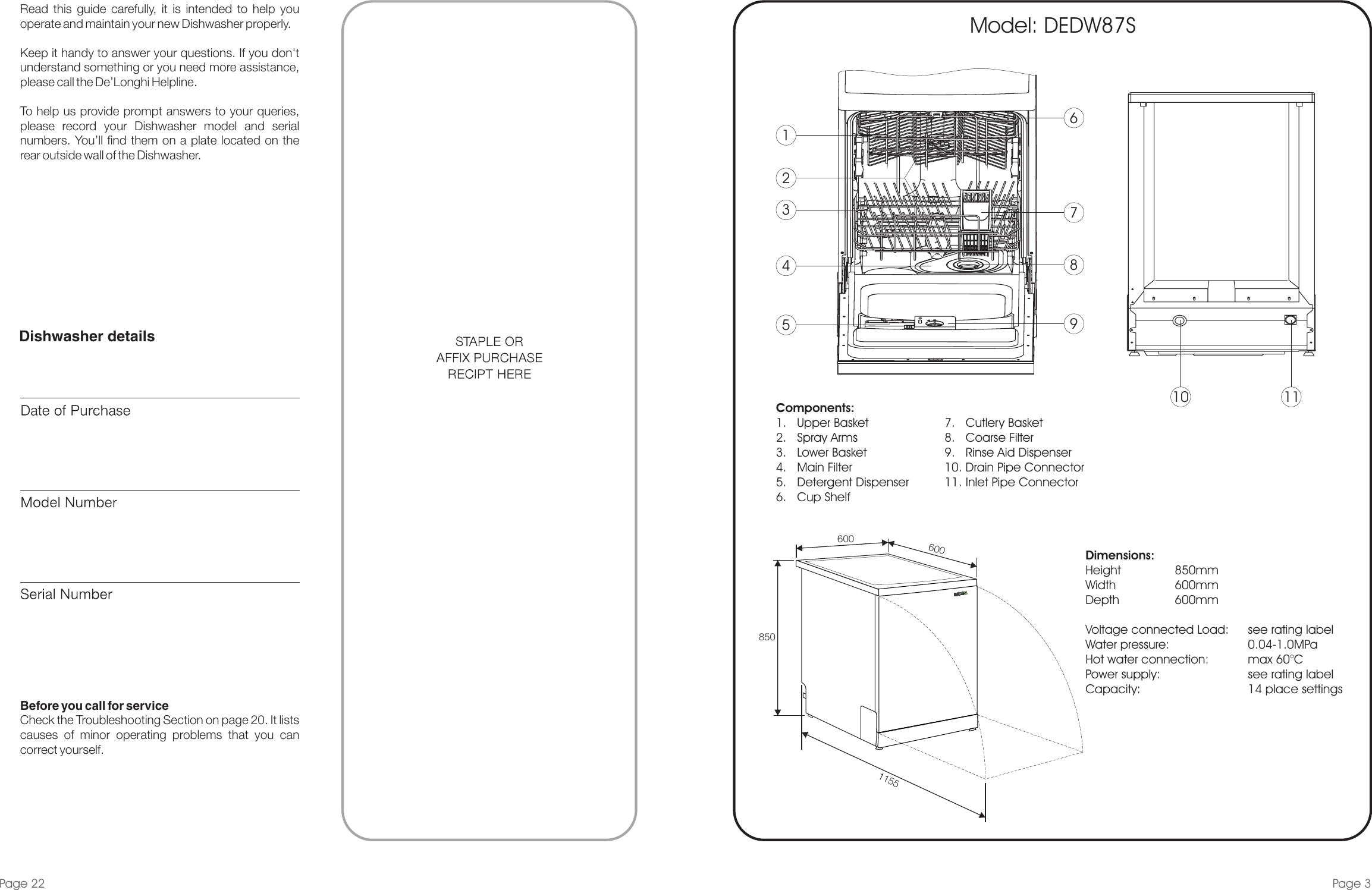 Page 3 of 12 - Delonghi Delonghi-Dishwasher-Dedw875-Users-Manual- Dishwasher DEDW87S - Ins Manual  Delonghi-dishwasher-dedw875-users-manual