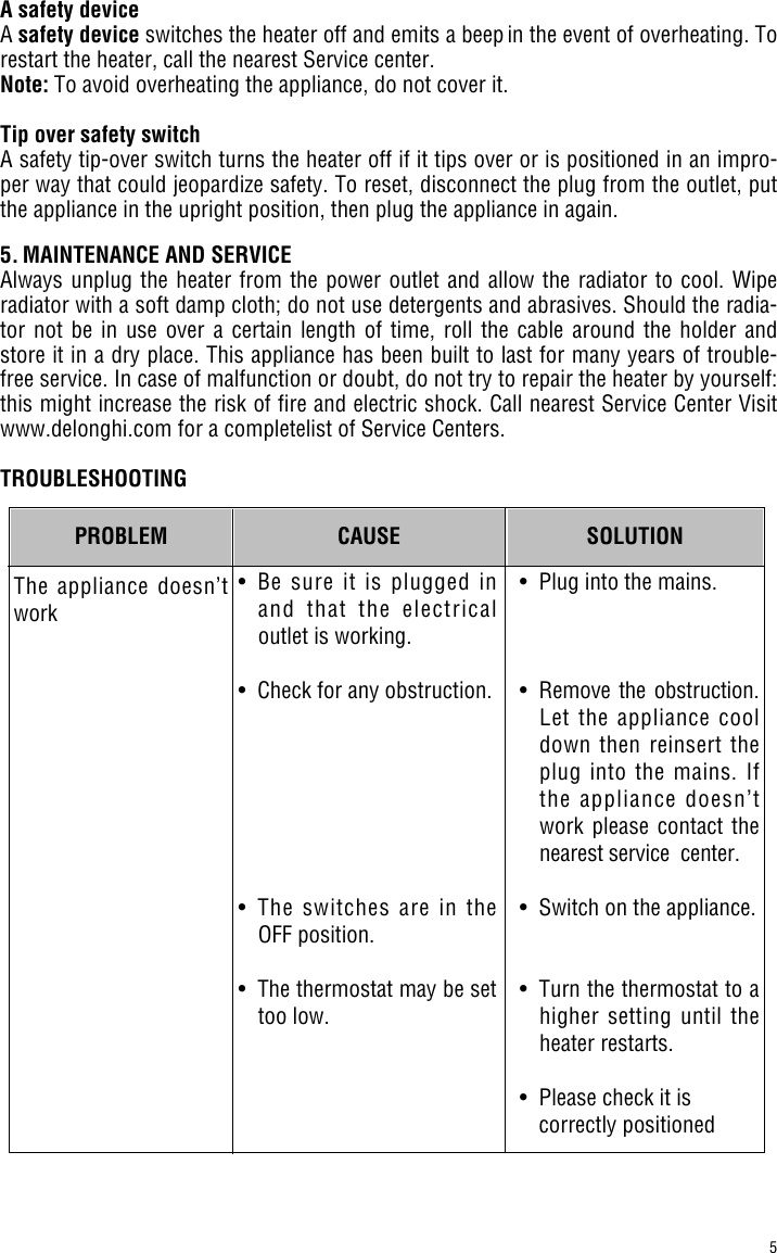 Page 5 of 6 - Delonghi Delonghi-Electric-Heater-Trh0715Sh-Users-Manual- EN- 5710810461  Delonghi-electric-heater-trh0715sh-users-manual