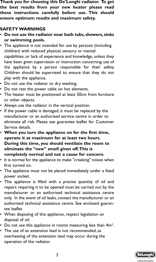 Page 3 of 7 - Delonghi Delonghi-Electric-Heater-V550715-Users-Manual- GB-5710910011  Delonghi-electric-heater-v550715-users-manual