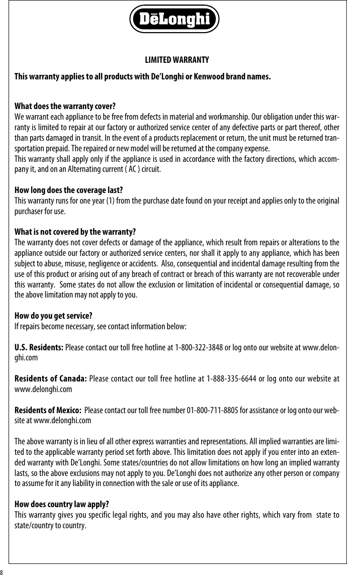 Page 8 of 8 - Delonghi Delonghi-Ew7507Eb-Instruction-Manual- EN-5718510611  Delonghi-ew7507eb-instruction-manual