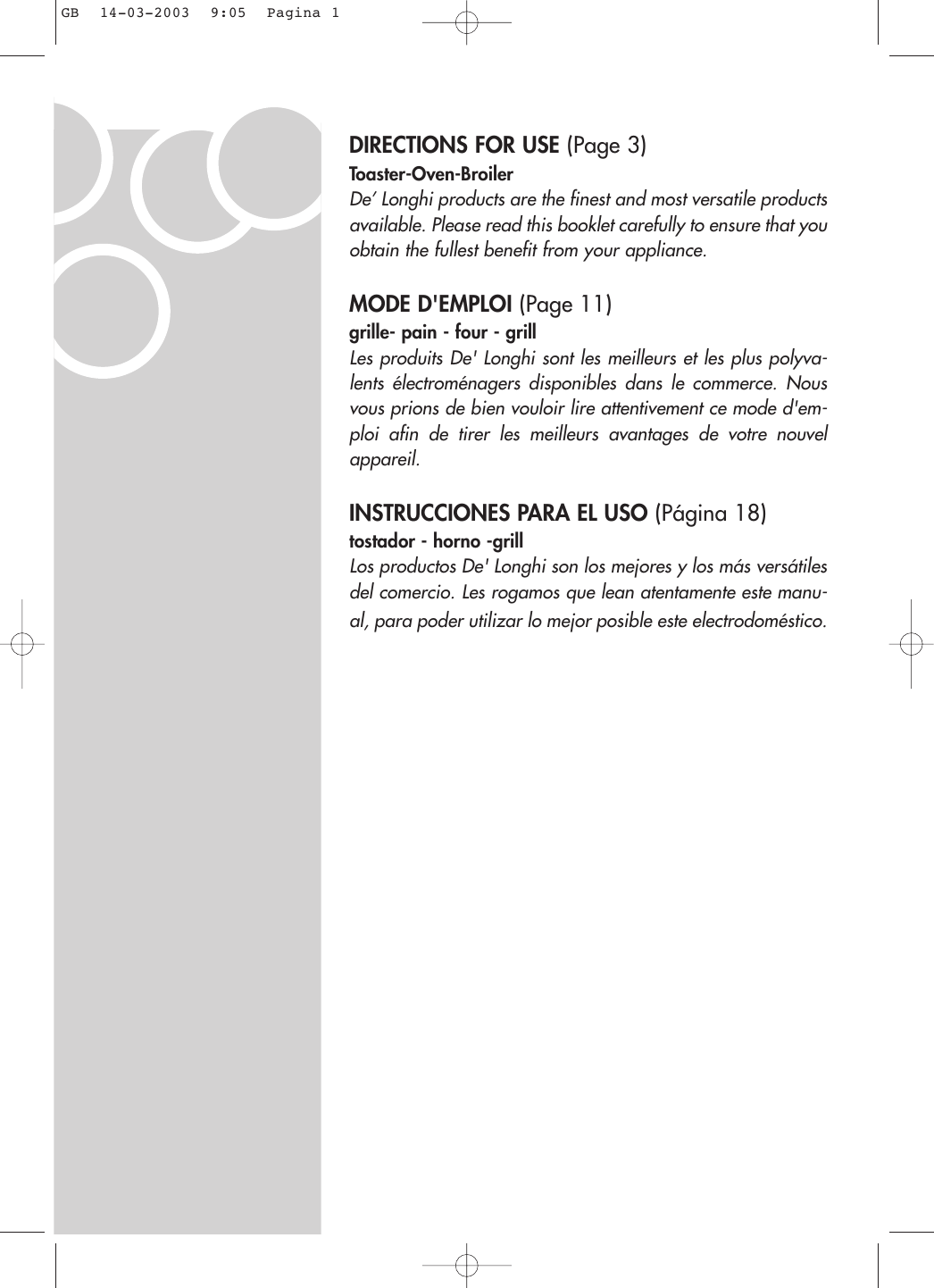 Page 1 of 10 - Delonghi Delonghi-Toaster-Oven-Broiler-Users-Manual- GB Delonghi-toaster-oven-broiler-users-manual