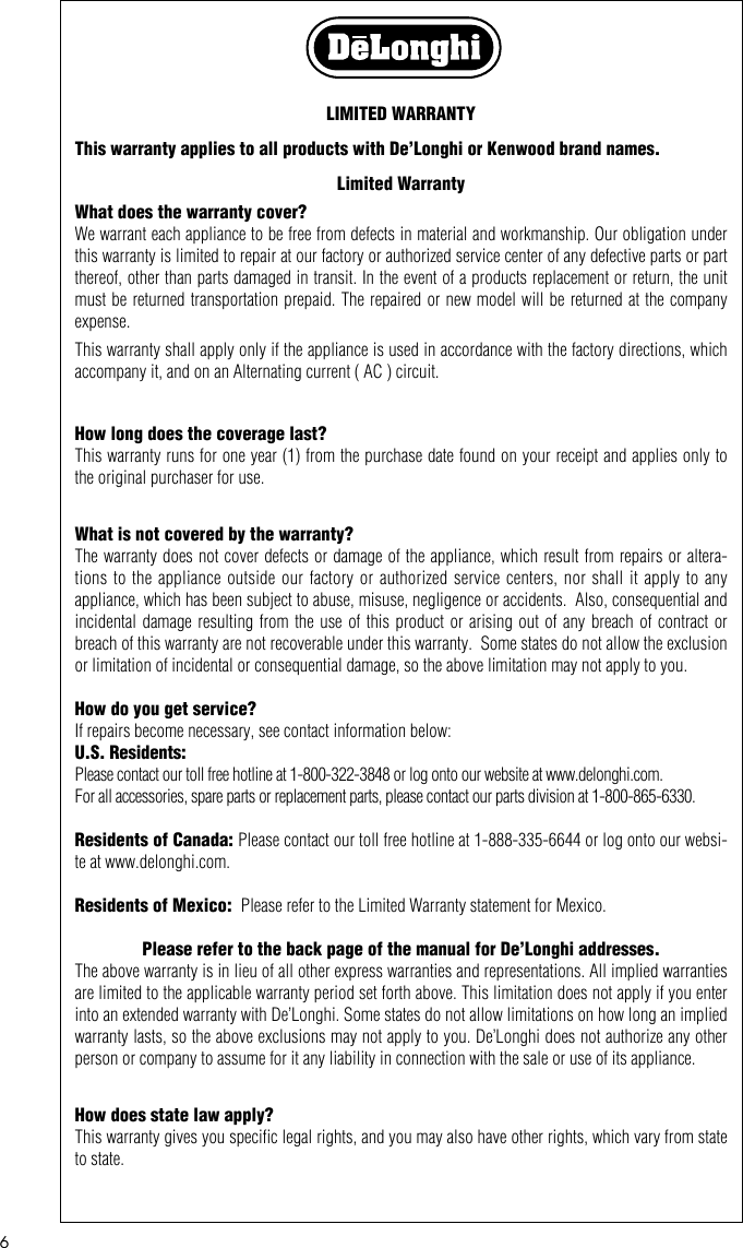 Page 6 of 6 - Delonghi Delonghi-Utility-Heater-Users-Manual- GB  Delonghi-utility-heater-users-manual