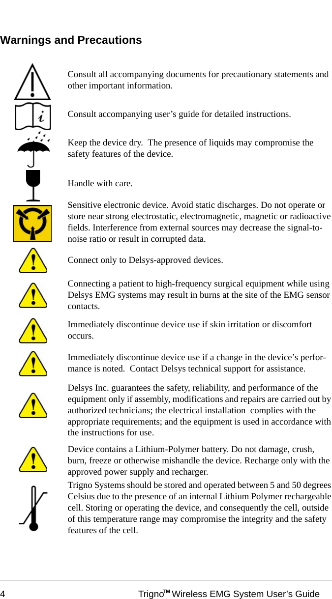 4 Trigno   Wireless EMG System User’s GuideTMWarnings and PrecautionsConsult all accompanying documents for precautionary statements and other important information.Consult accompanying user’s guide for detailed instructions.Keep the device dry.  The presence of liquids may compromise the safety features of the device.Handle with care.Sensitive electronic device. Avoid static discharges. Do not operate or store near strong electrostatic, electromagnetic, magnetic or radioactive fields. Interference from external sources may decrease the signal-to-noise ratio or result in corrupted data.Connect only to Delsys-approved devices.Connecting a patient to high-frequency surgical equipment while using Delsys EMG systems may result in burns at the site of the EMG sensor contacts.Immediately discontinue device use if skin irritation or discomfort occurs.Immediately discontinue device use if a change in the device’s perfor-mance is noted.  Contact Delsys technical support for assistance.Delsys Inc. guarantees the safety, reliability, and performance of the equipment only if assembly, modifications and repairs are carried out by authorized technicians; the electrical installation  complies with the appropriate requirements; and the equipment is used in accordance with the instructions for use.Device contains a Lithium-Polymer battery. Do not damage, crush, burn, freeze or otherwise mishandle the device. Recharge only with the approved power supply and recharger.Trigno Systems should be stored and operated between 5 and 50 degrees Celsius due to the presence of an internal Lithium Polymer rechargeable cell. Storing or operating the device, and consequently the cell, outside of this temperature range may compromise the integrity and the safety features of the cell.