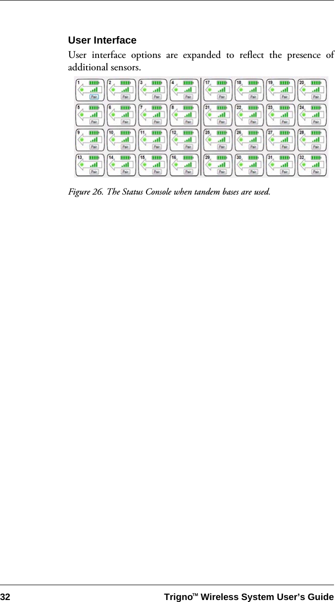 32 Trigno   Wireless System User’s GuideTMUser InterfaceUser interface options are expanded to reflect the presence ofadditional sensors.Figure 26. The Status Console when tandem bases are used.