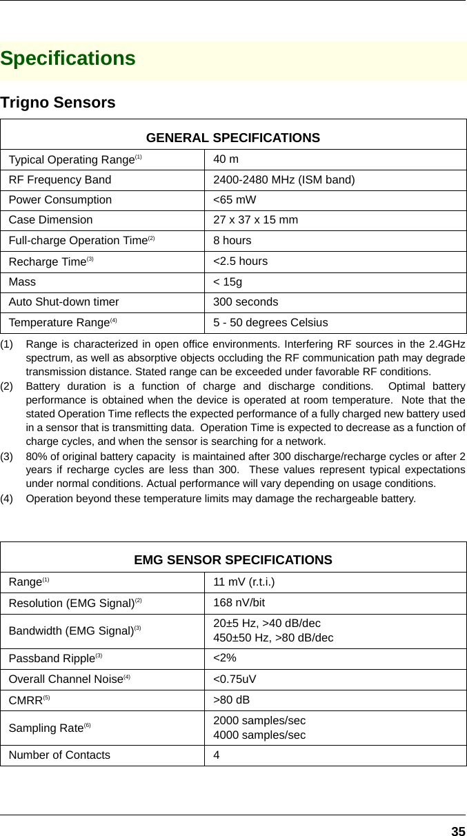 35SpecificationsTrigno Sensors(1) Range is characterized in open office environments. Interfering RF sources in the 2.4GHzspectrum, as well as absorptive objects occluding the RF communication path may degradetransmission distance. Stated range can be exceeded under favorable RF conditions.(2) Battery duration is a function of charge and discharge conditions.  Optimal batteryperformance is obtained when the device is operated at room temperature.  Note that thestated Operation Time reflects the expected performance of a fully charged new battery usedin a sensor that is transmitting data.  Operation Time is expected to decrease as a function ofcharge cycles, and when the sensor is searching for a network.(3) 80% of original battery capacity  is maintained after 300 discharge/recharge cycles or after 2years if recharge cycles are less than 300.  These values represent typical expectationsunder normal conditions. Actual performance will vary depending on usage conditions.  (4) Operation beyond these temperature limits may damage the rechargeable battery.GENERAL SPECIFICATIONSTypical Operating Range(1) 40 mRF Frequency Band 2400-2480 MHz (ISM band)Power Consumption &lt;65 mWCase Dimension 27 x 37 x 15 mmFull-charge Operation Time(2) 8 hoursRecharge Time(3) &lt;2.5 hoursMass &lt; 15gAuto Shut-down timer 300 secondsTemperature Range(4) 5 - 50 degrees CelsiusEMG SENSOR SPECIFICATIONSRange(1) 11 mV (r.t.i.)Resolution (EMG Signal)(2) 168 nV/bitBandwidth (EMG Signal)(3) 20±5 Hz, &gt;40 dB/dec450±50 Hz, &gt;80 dB/decPassband Ripple(3) &lt;2%Overall Channel Noise(4) &lt;0.75uVCMRR(5) &gt;80 dBSampling Rate(6) 2000 samples/sec4000 samples/secNumber of Contacts  4