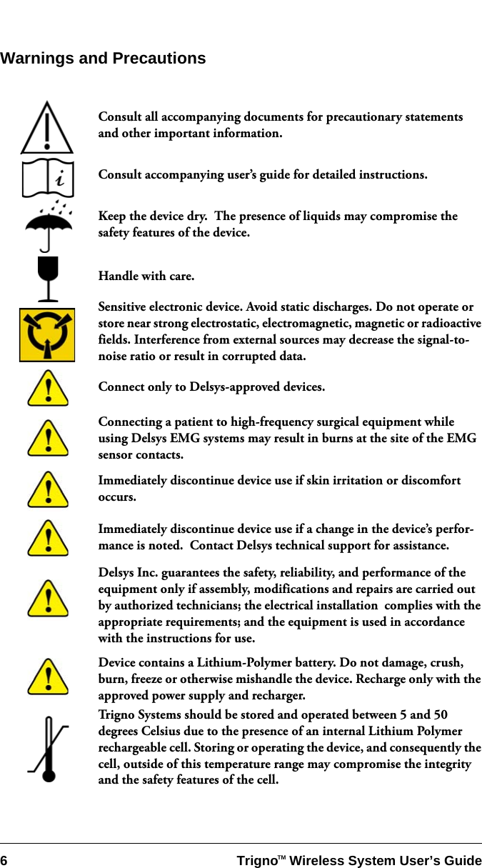 6 Trigno   Wireless System User’s GuideTMWarnings and PrecautionsConsult all accompanying documents for precautionary statements and other important information.Consult accompanying user’s guide for detailed instructions.Keep the device dry.  The presence of liquids may compromise the safety features of the device.Handle with care.Sensitive electronic device. Avoid static discharges. Do not operate or store near strong electrostatic, electromagnetic, magnetic or radioactive fields. Interference from external sources may decrease the signal-to-noise ratio or result in corrupted data.Connect only to Delsys-approved devices.Connecting a patient to high-frequency surgical equipment while using Delsys EMG systems may result in burns at the site of the EMG sensor contacts.Immediately discontinue device use if skin irritation or discomfort occurs.Immediately discontinue device use if a change in the device’s perfor-mance is noted.  Contact Delsys technical support for assistance.Delsys Inc. guarantees the safety, reliability, and performance of the equipment only if assembly, modifications and repairs are carried out by authorized technicians; the electrical installation  complies with the appropriate requirements; and the equipment is used in accordance with the instructions for use.Device contains a Lithium-Polymer battery. Do not damage, crush, burn, freeze or otherwise mishandle the device. Recharge only with the approved power supply and recharger.Trigno Systems should be stored and operated between 5 and 50 degrees Celsius due to the presence of an internal Lithium Polymer rechargeable cell. Storing or operating the device, and consequently the cell, outside of this temperature range may compromise the integrity and the safety features of the cell.