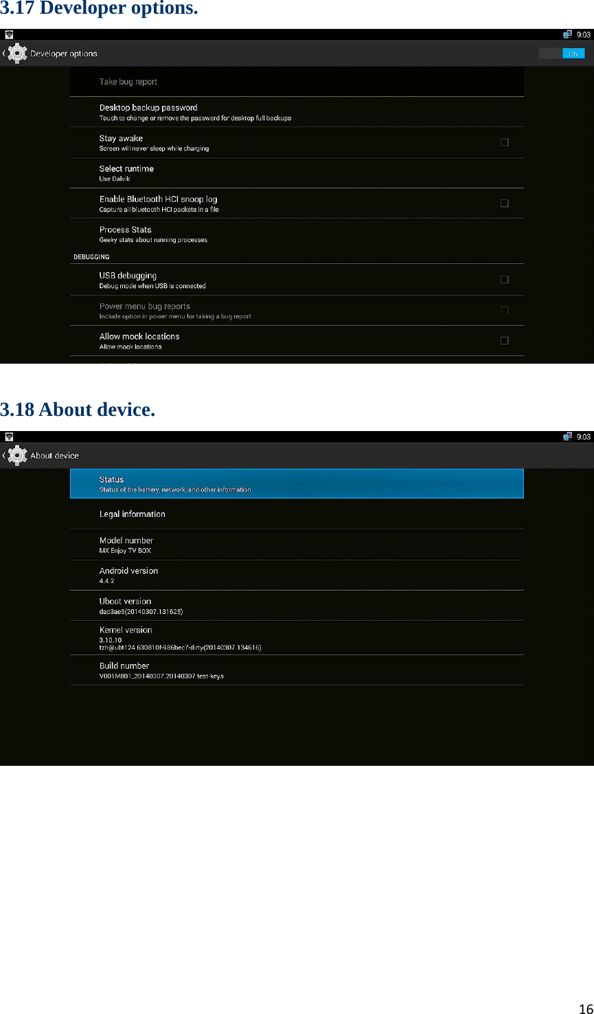 163.17 Developer options.   3.18 About device.   