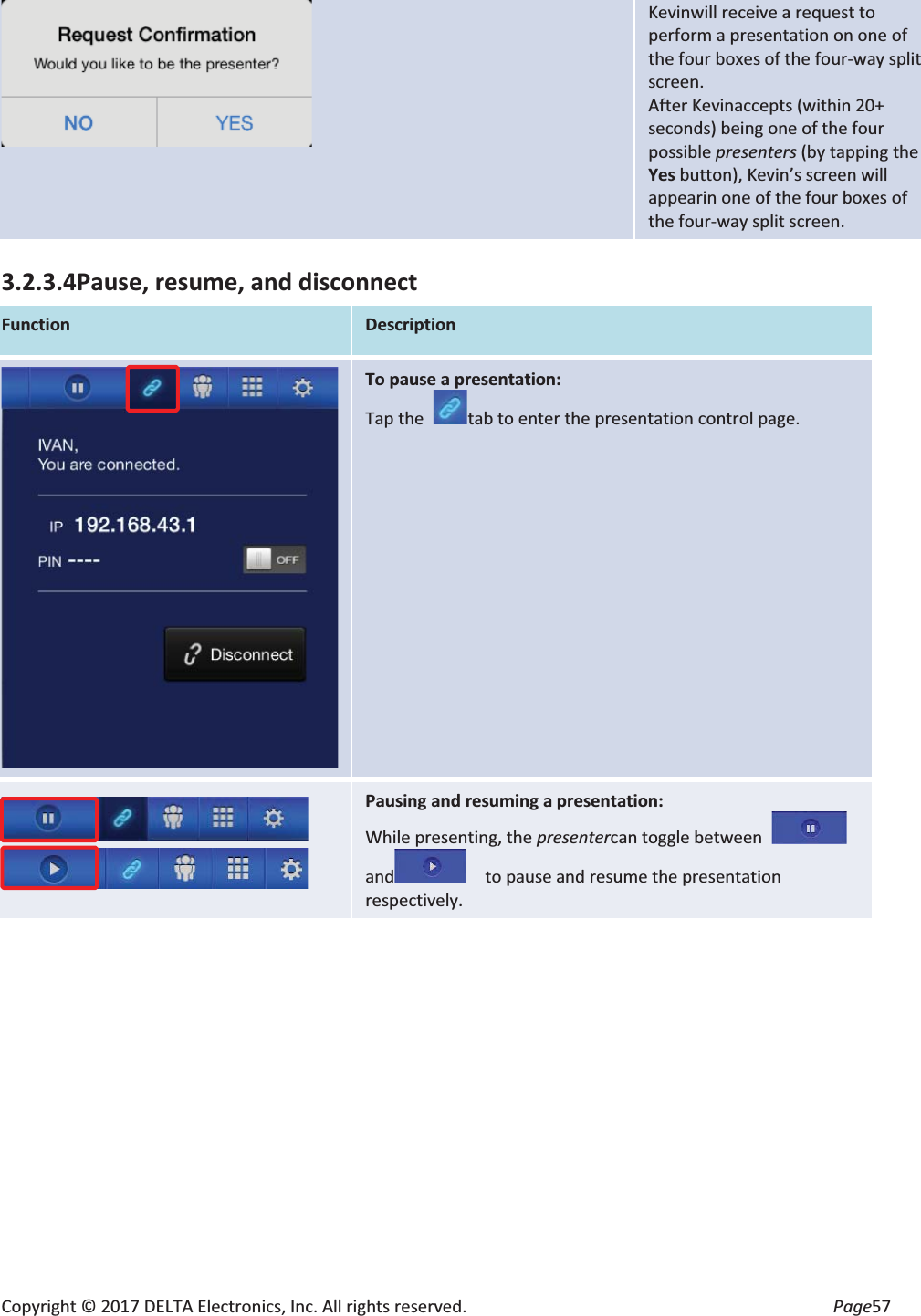 Copyright © 2017 DELTA Electronics, Inc. All rights reserved.  Page57  Kevinwill receive a request to perform a presentation on one of the four boxes of the four-way split screen. After Kevinaccepts (within 20+ seconds) being one of the four possible presenters (by tapping the Yes button), Kevin’s screen will appearin one of the four boxes of the four-way split screen. 3.2.3.4Pause, resume, and disconnect Function Description   To pause a presentation: Tap the  tab to enter the presentation control page.    Pausing and resuming a presentation: While presenting, the presentercan toggle between and    to pause and resume the presentation respectively. 