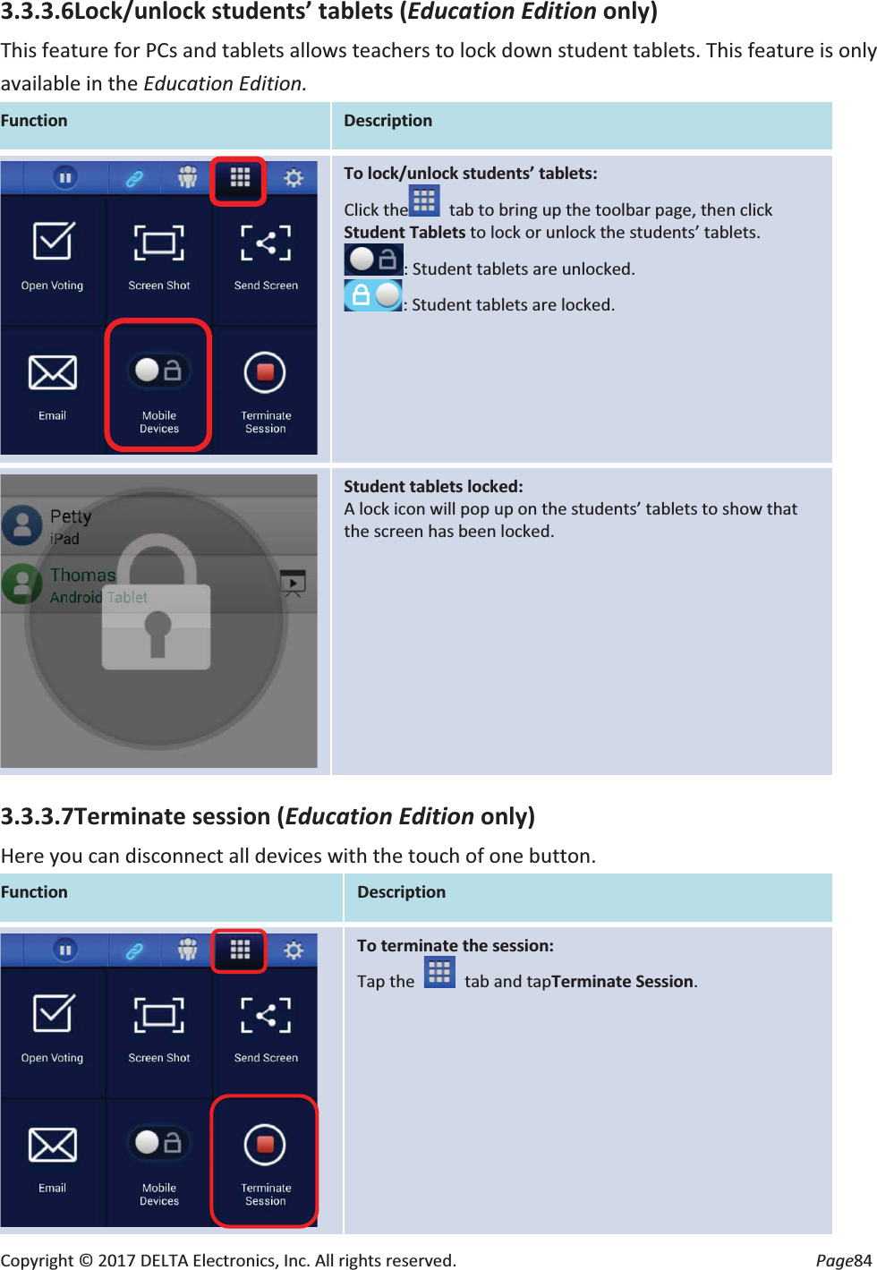 Copyright © 2017 DELTA Electronics, Inc. All rights reserved. Page84 3.3.3.6Lock/unlock students’ tablets (Education Edition only) This feature for PCs and tablets allows teachers to lock down student tablets. This feature is only available in the Education Edition. Function Description To lock/unlock students’ tablets: Click the tab to bring up the toolbar page, then click Student Tablets to lock or unlock the students’ tablets. : Student tablets are unlocked. : Student tablets are locked. Student tablets locked: A lock icon will pop up on the students’ tablets to show that the screen has been locked. 3.3.3.7Terminate session (Education Edition only) Here you can disconnect all devices with the touch of one button. Function Description To terminate the session: Tap the tab and tapTerminate Session.
