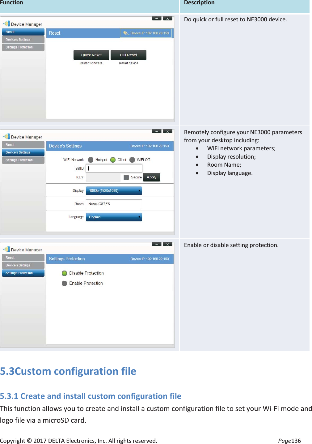 Copyright © 2017 DELTA Electronics, Inc. All rights reserved. Page136 Function Description Do quick or full reset to NE3000 device. Remotely configure your NE3000 parameters from your desktop including: x WiFi network parameters; x Display resolution; x Room Name; x Display language. Enable or disable setting protection. 5.3Custom configuration file 5.3.1 Create and install custom configuration file This function allows you to create and install a custom configuration file to set your Wi-Fi mode and logo file via a microSD card.